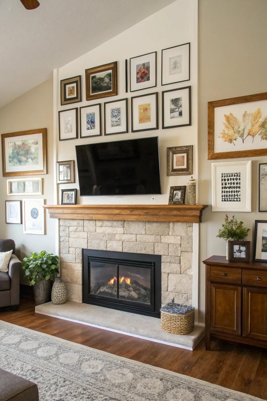 A gallery wall surrounding a TV and fireplace.