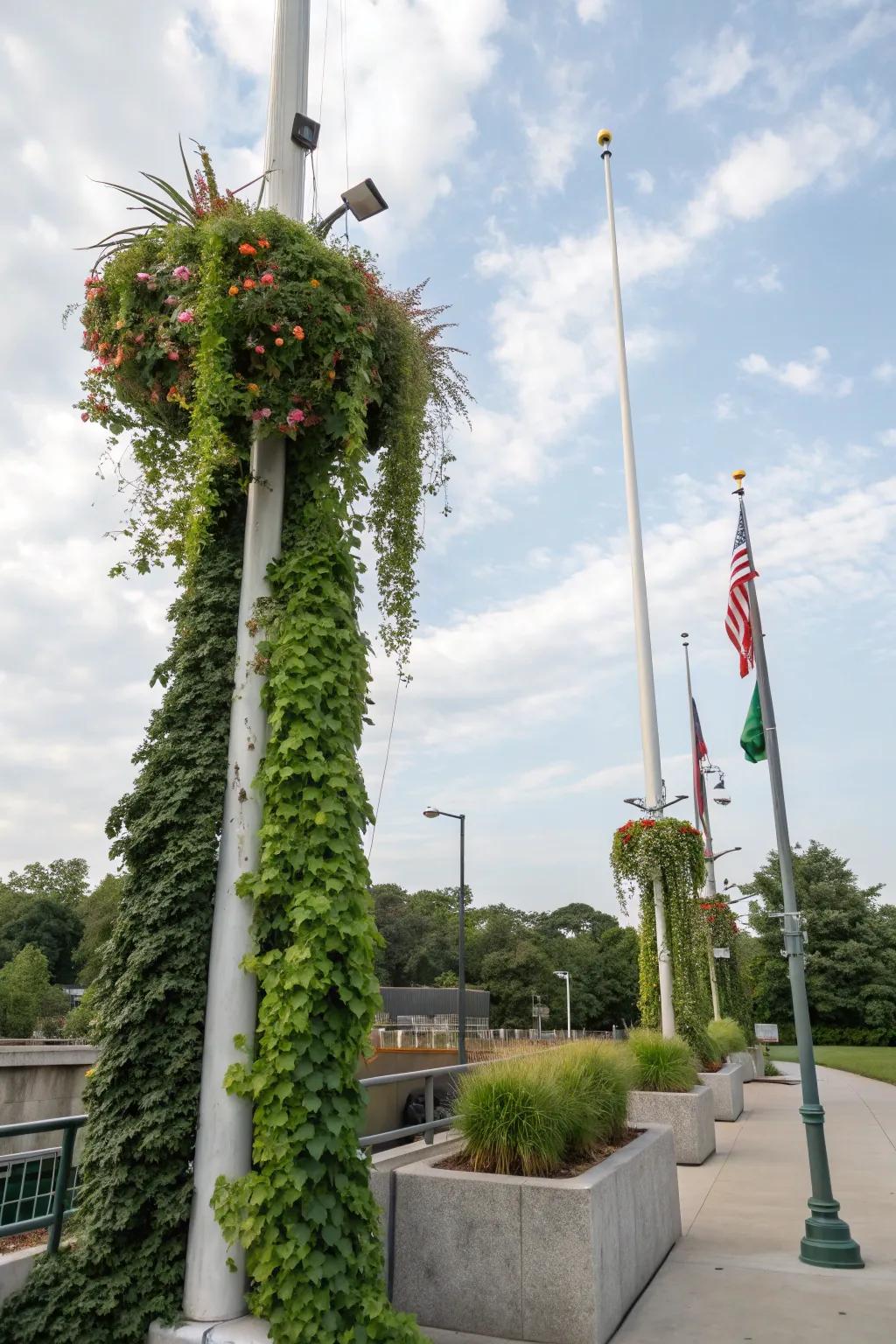 Skyward gardens maximize area and provide lush greenery.