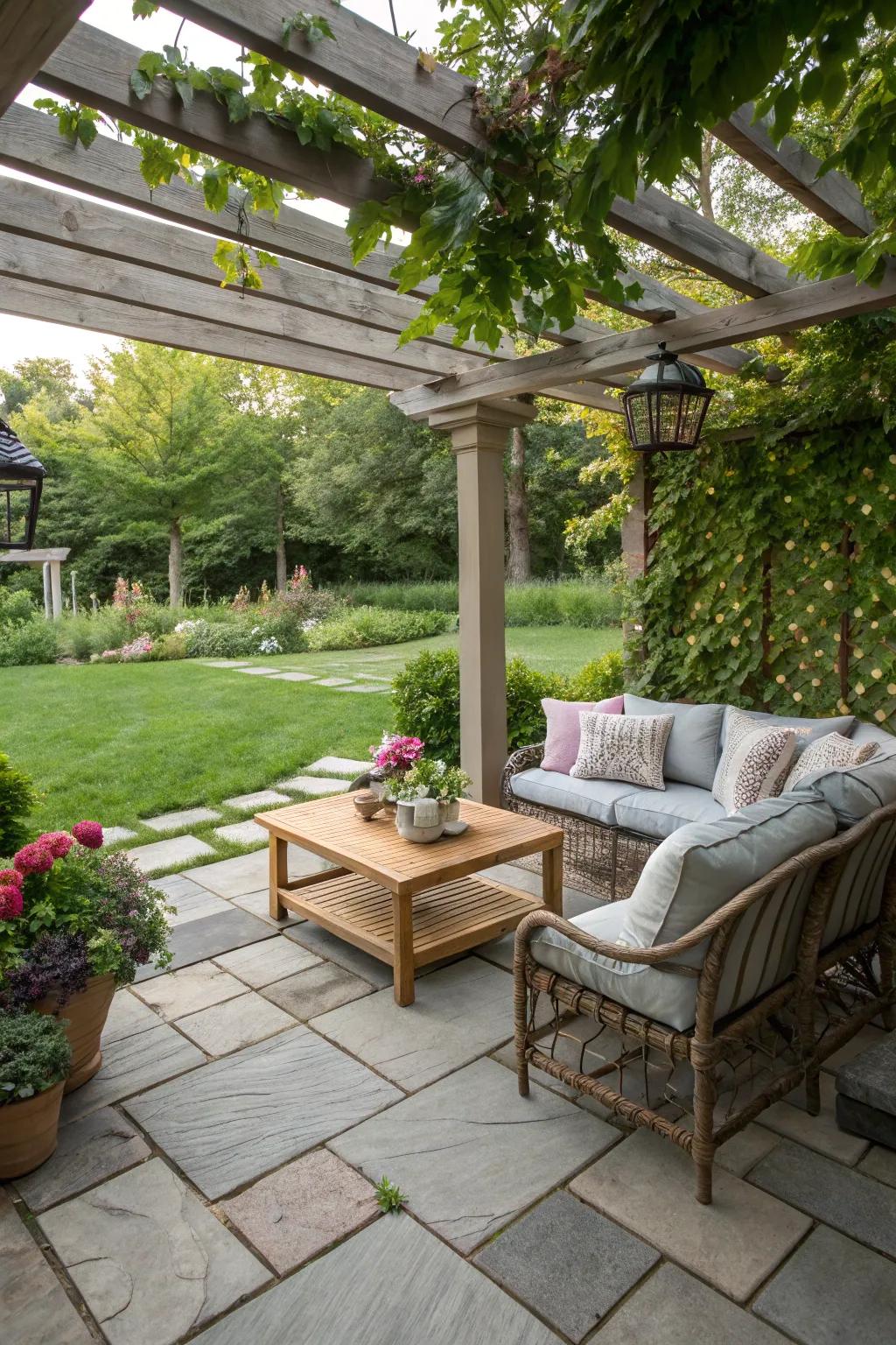 A secluded sitting area on a flagstone patio.