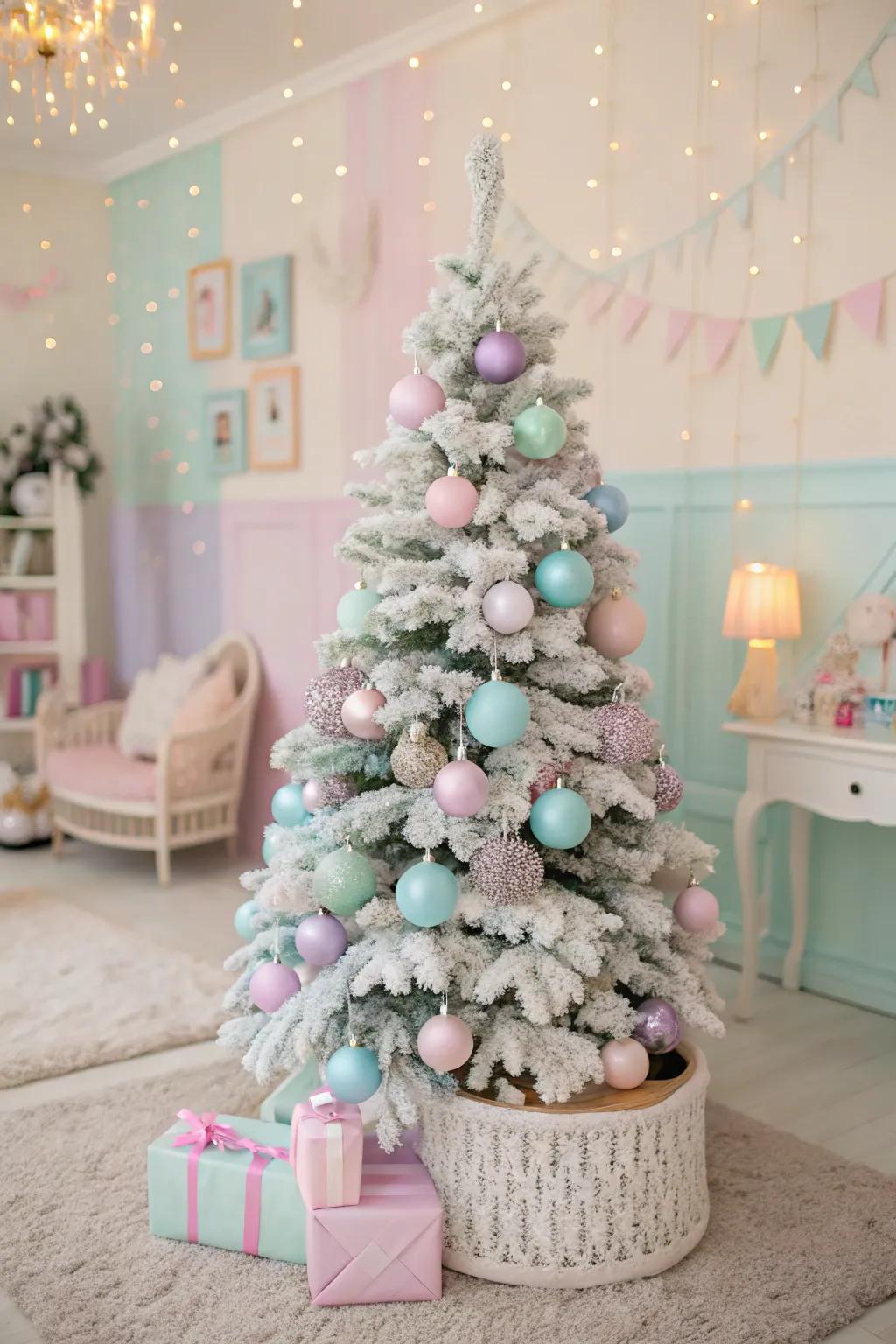 A fun pastel-themed flocked Christmas tree.