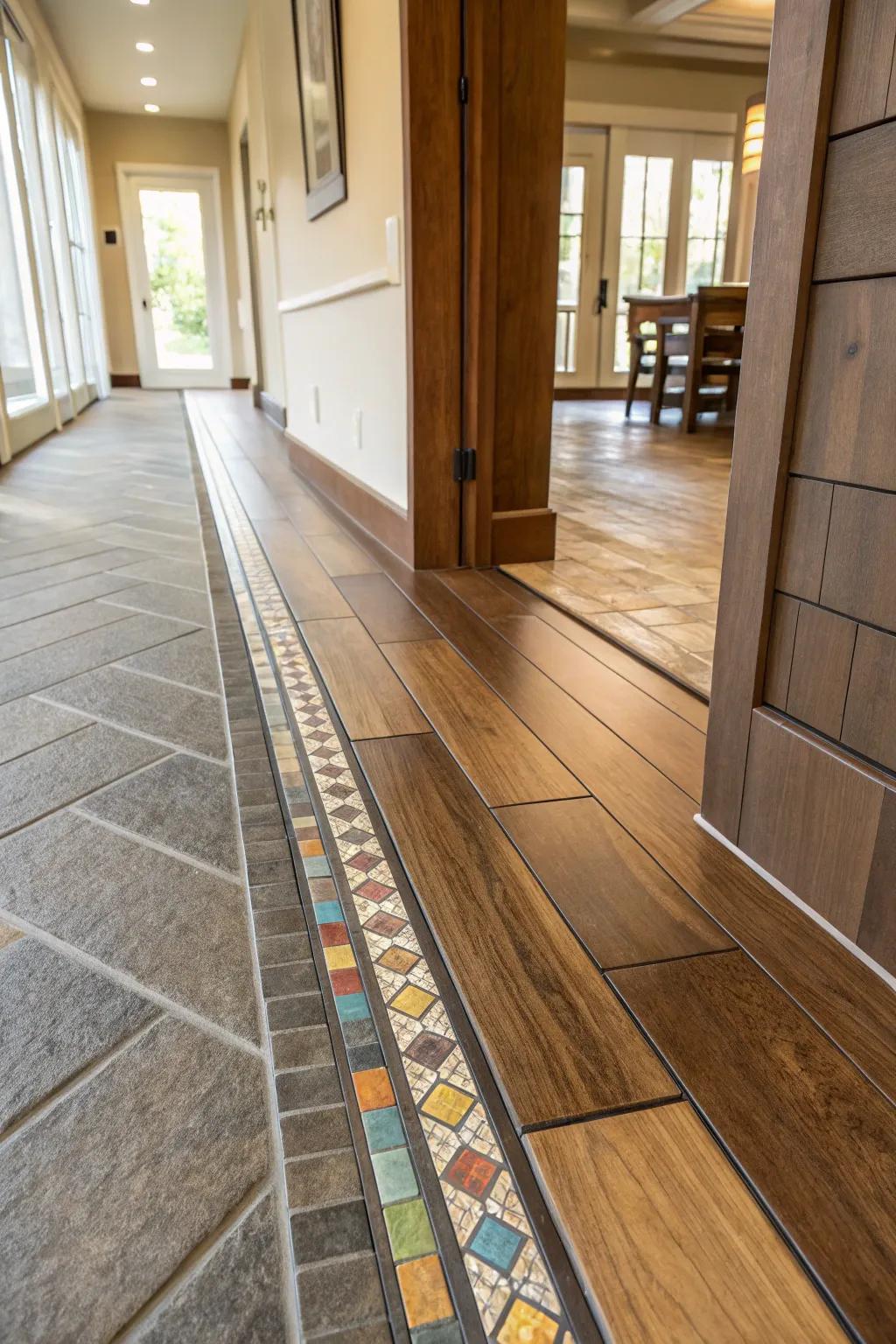 Intermediate space of highlighted tiles for a smooth floor integration.