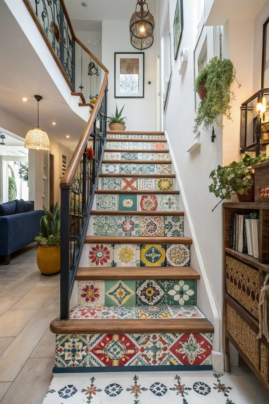 Vinyl tiles offer a bold and vibrant option for stylish stairs.