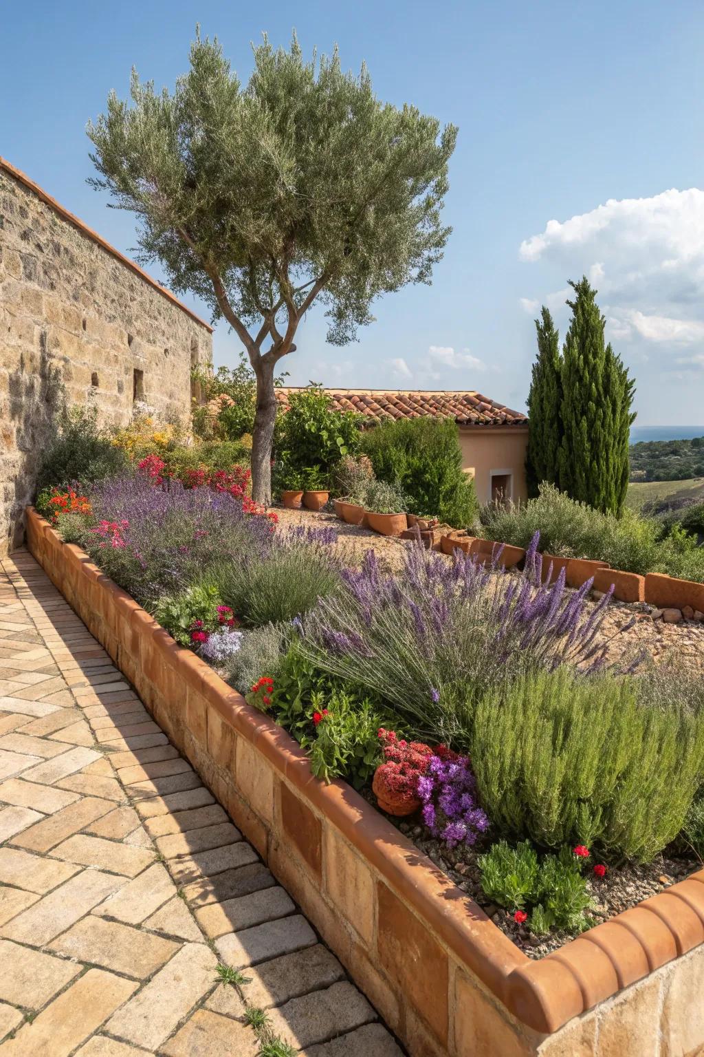 Terracotta tiles imparting a warm, Mediterranean vibe to flower beds.