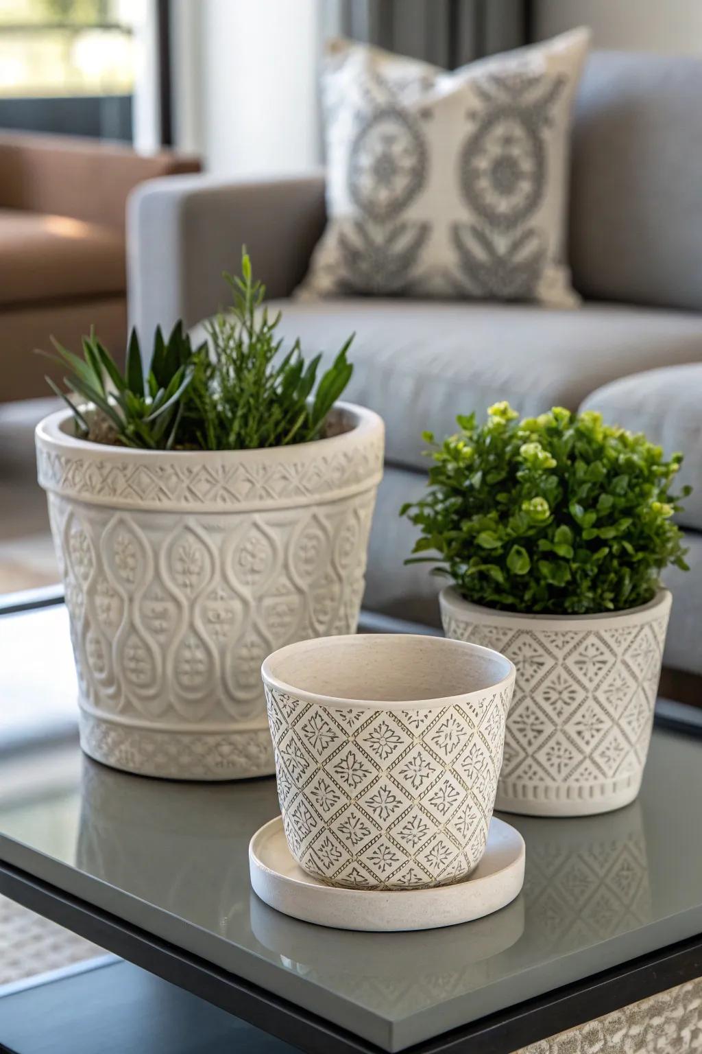 Incorporate exceptional appearances through embossed flower container blueprints.