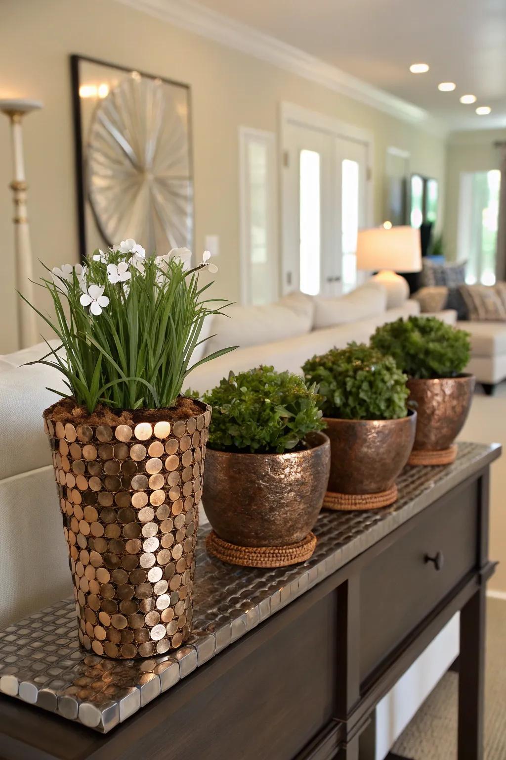 Coin-covered flower containers offering a unique metallic sheen.