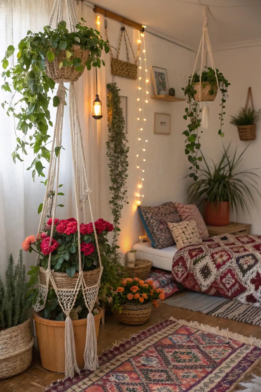 Create a bohemian vibe with floral accents.
