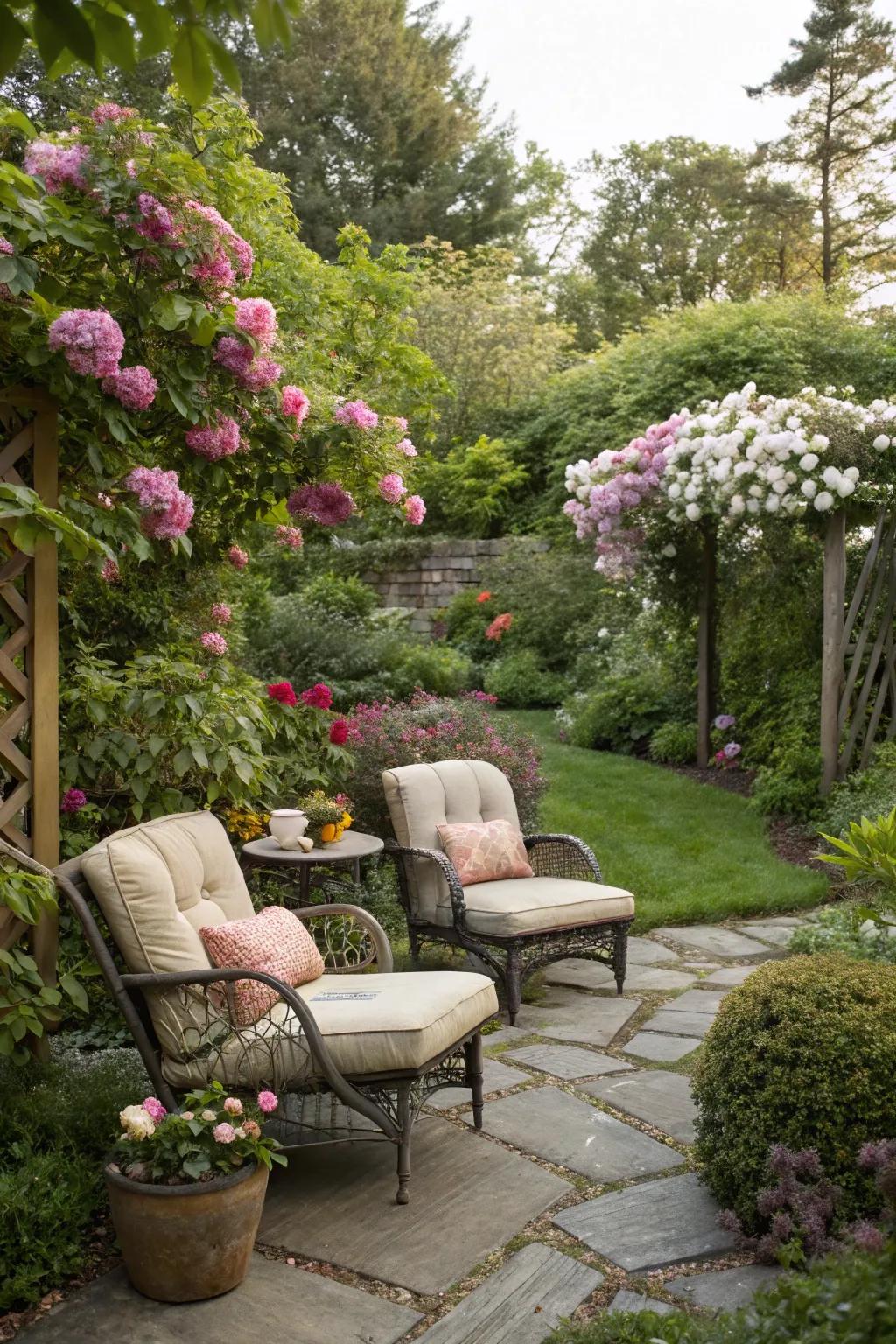 Create a tranquil garden sanctuary with cozy seating and blooms.