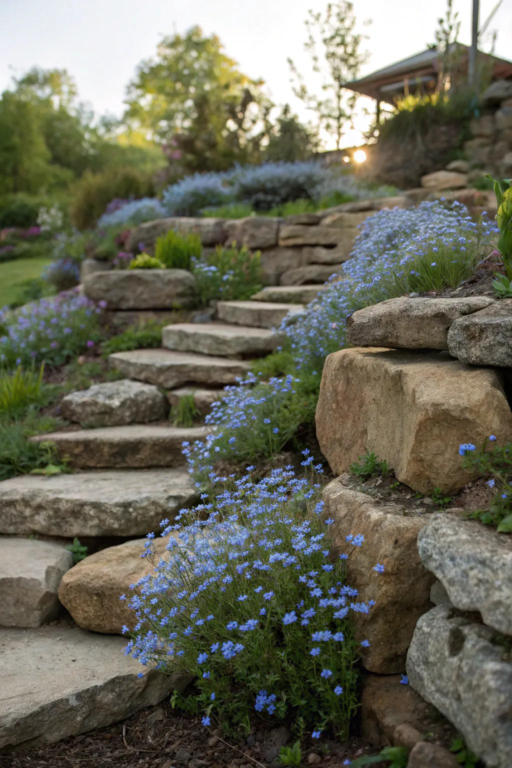 Tiered stone gardens emphasize the natural allure of forget-me-nots.
