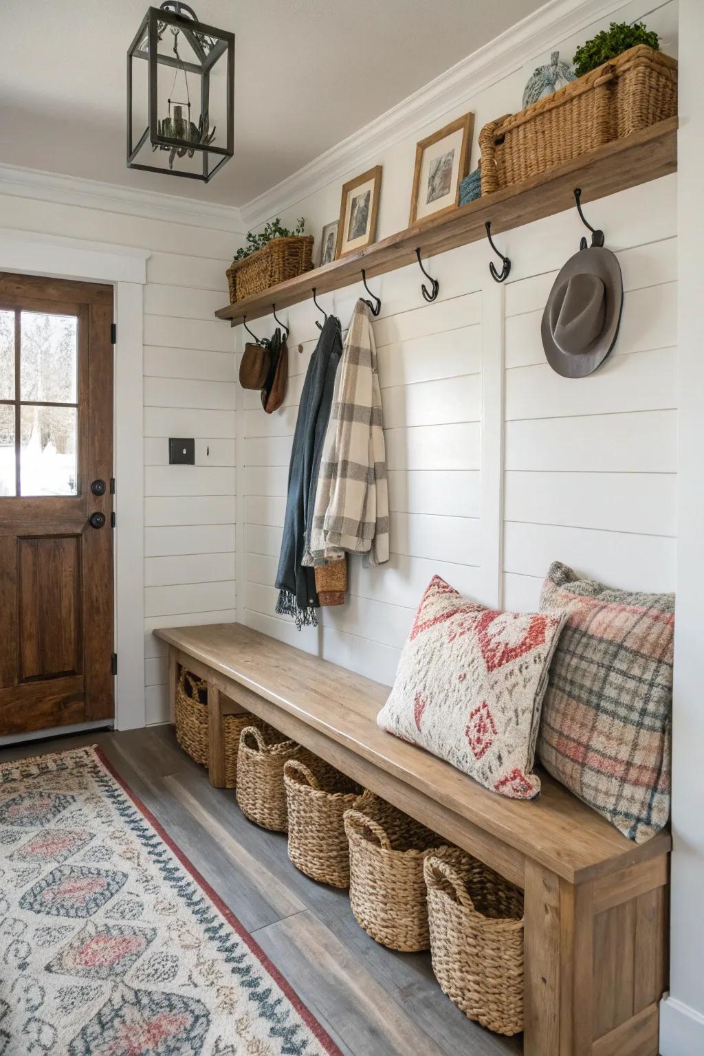 A makeshift entryway using clever furniture placement.