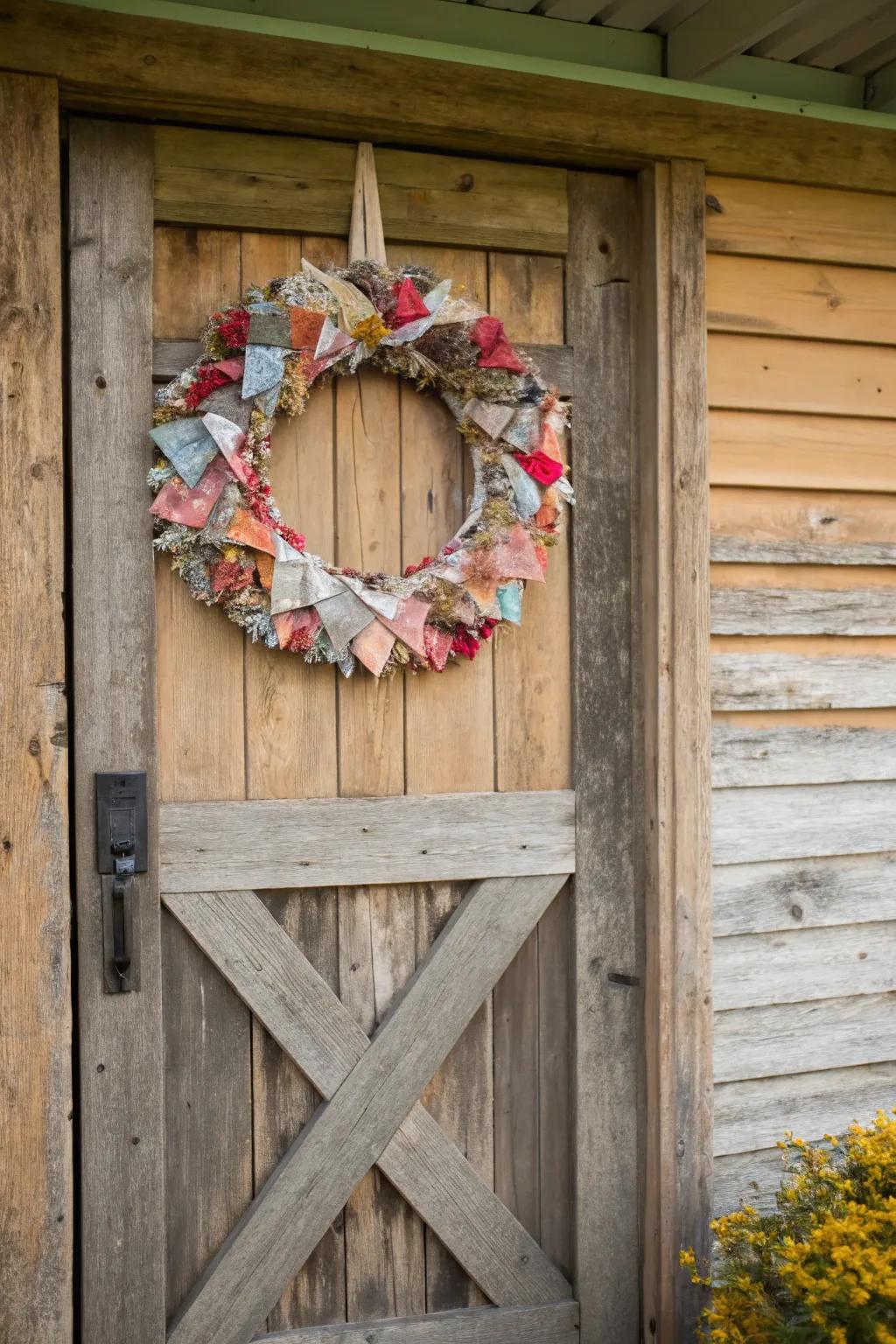 A cozy patchwork wreath from fabric remnants.