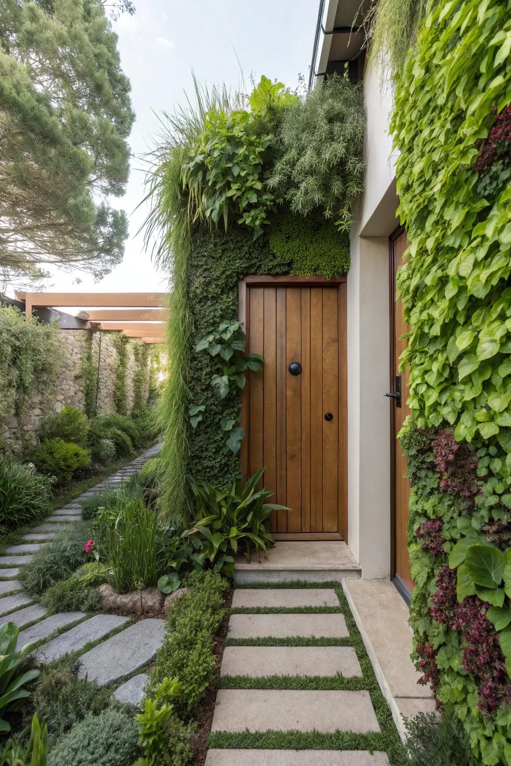 Elevate your entrance with a vibrant vertical garden.