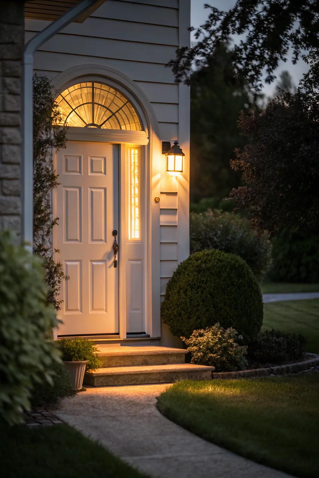 Smart outdoor lighting creating a reflective privacy effect at night.