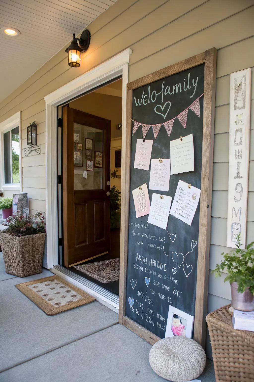 Engaging elements such as a chalkboard contributing a personal touch to the entrance.