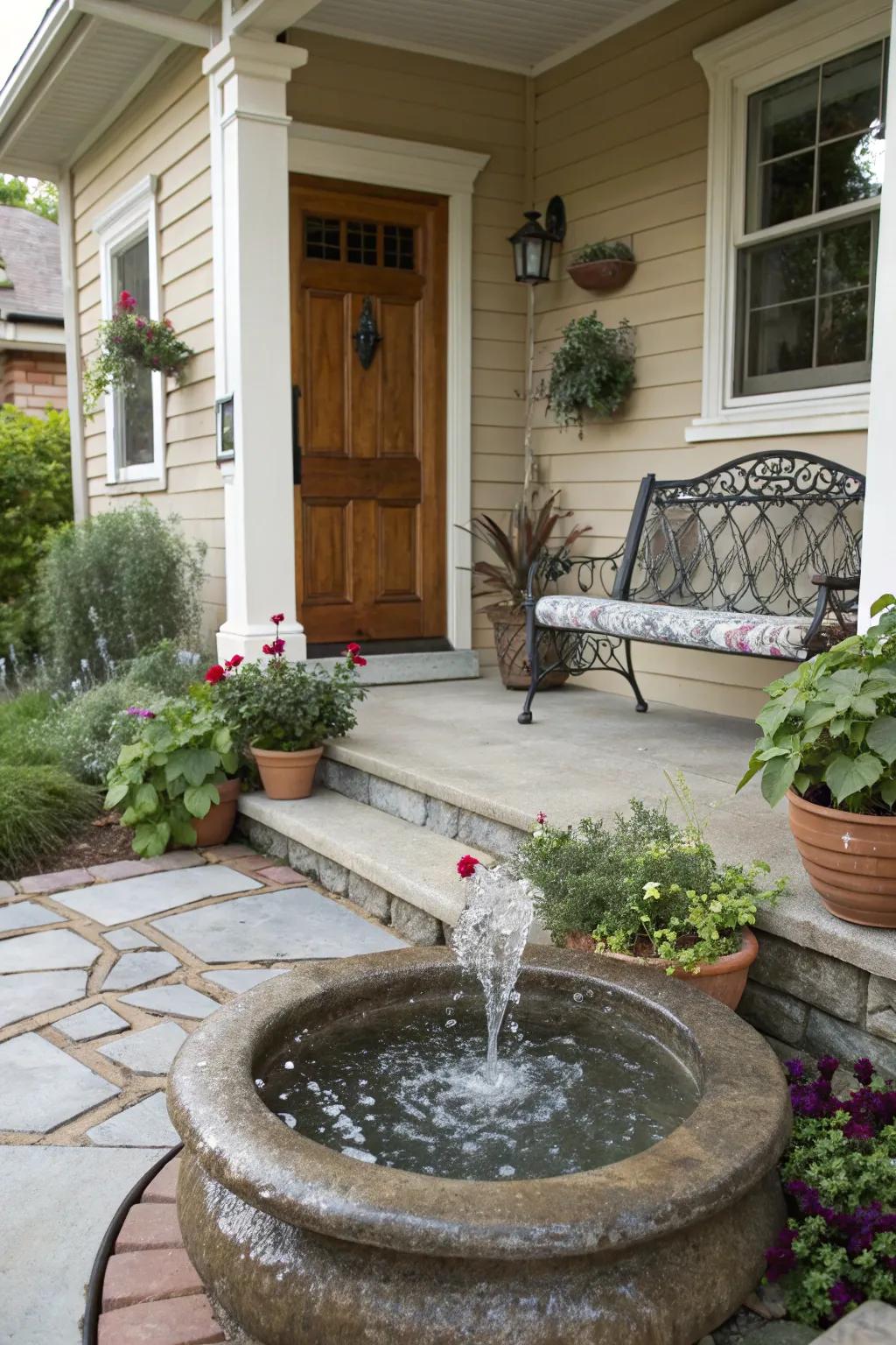 A small bubbling fountain brings a tranquil vibe to this front porch.