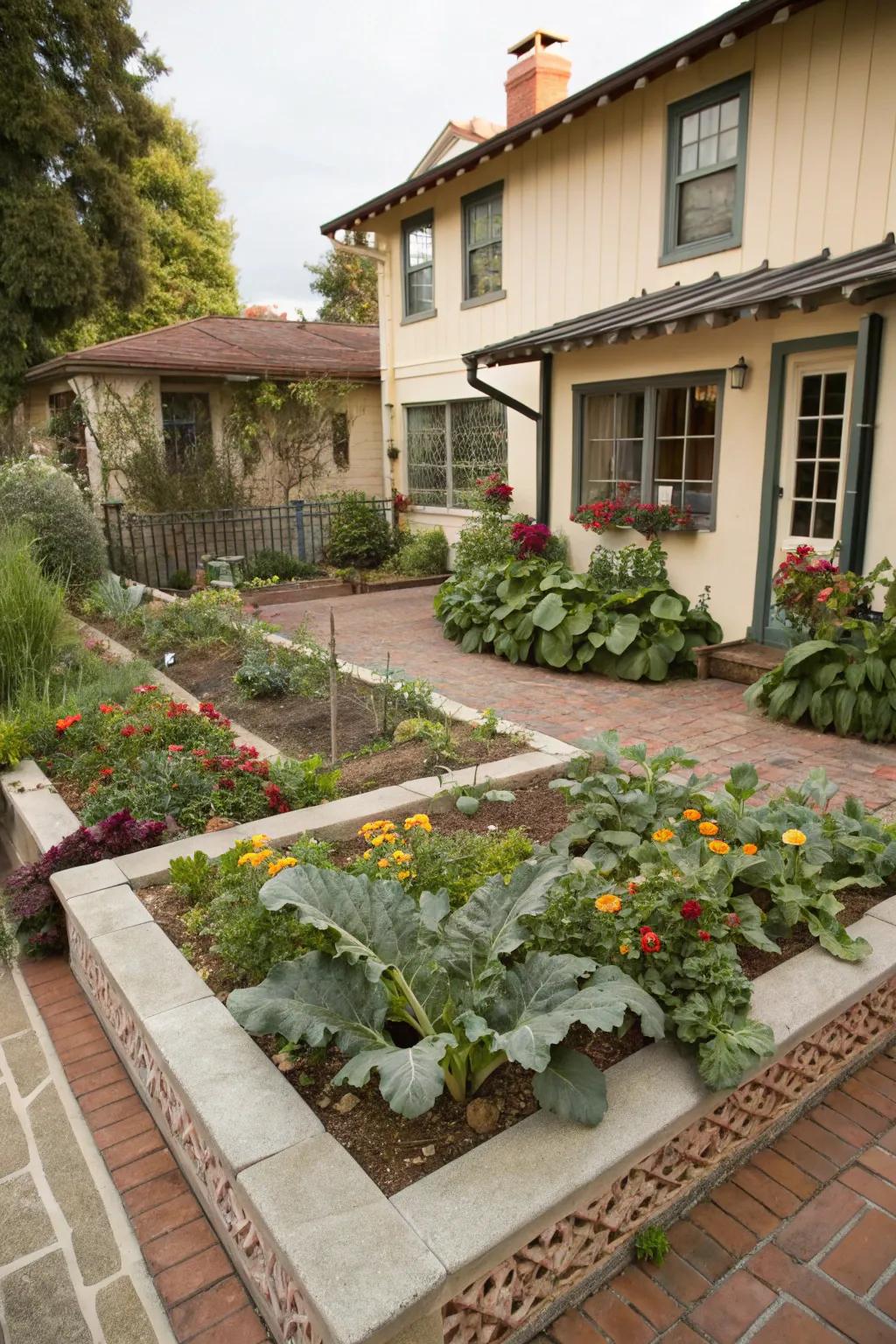 A vegetable garden adds use and charm to the courtyard.