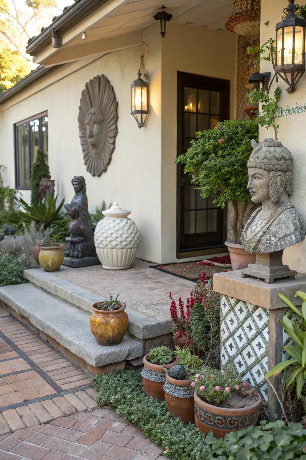 On your patio, add intrigue with creative art pieces.