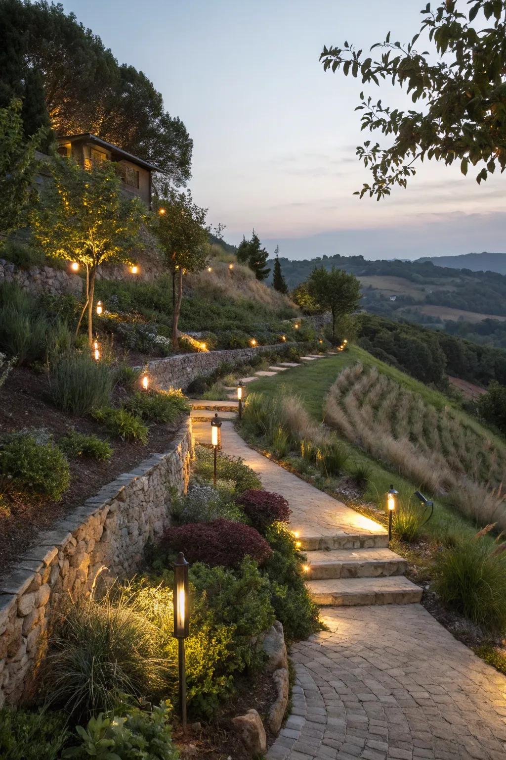 Creative lighting improves the aesthetics and safety of your sloped yard.