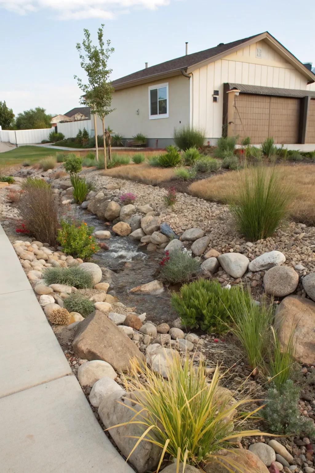 A rainwater collection area managing water efficiently and beautifully.