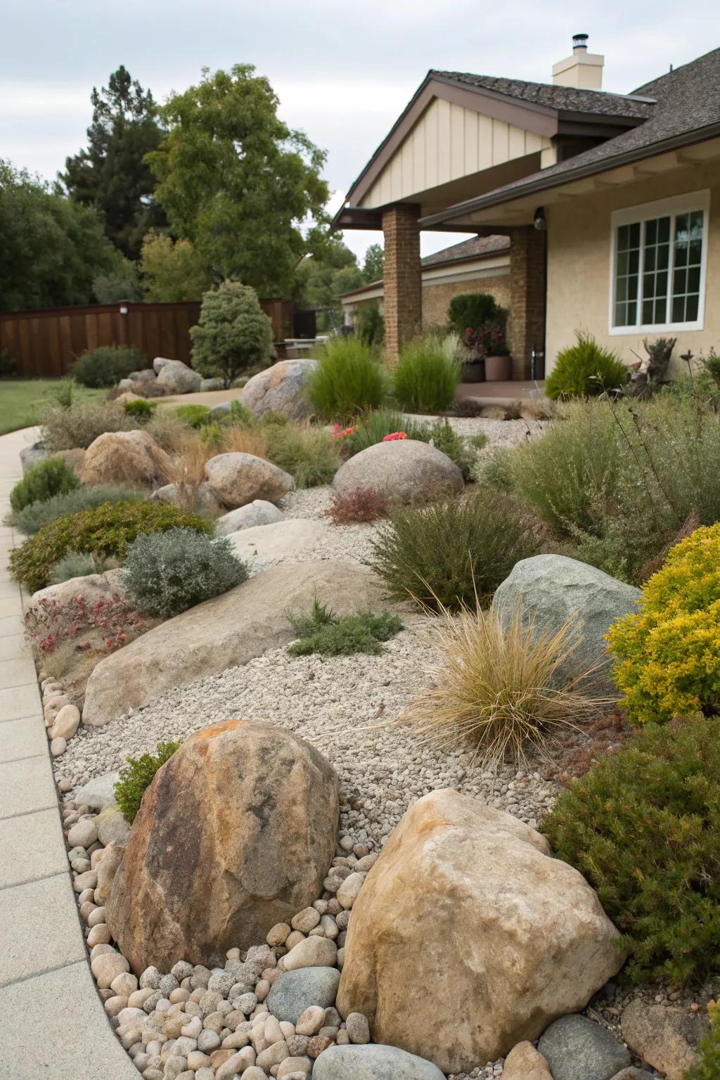 Stone gardens add rugged textures and low-upkeep beauty.