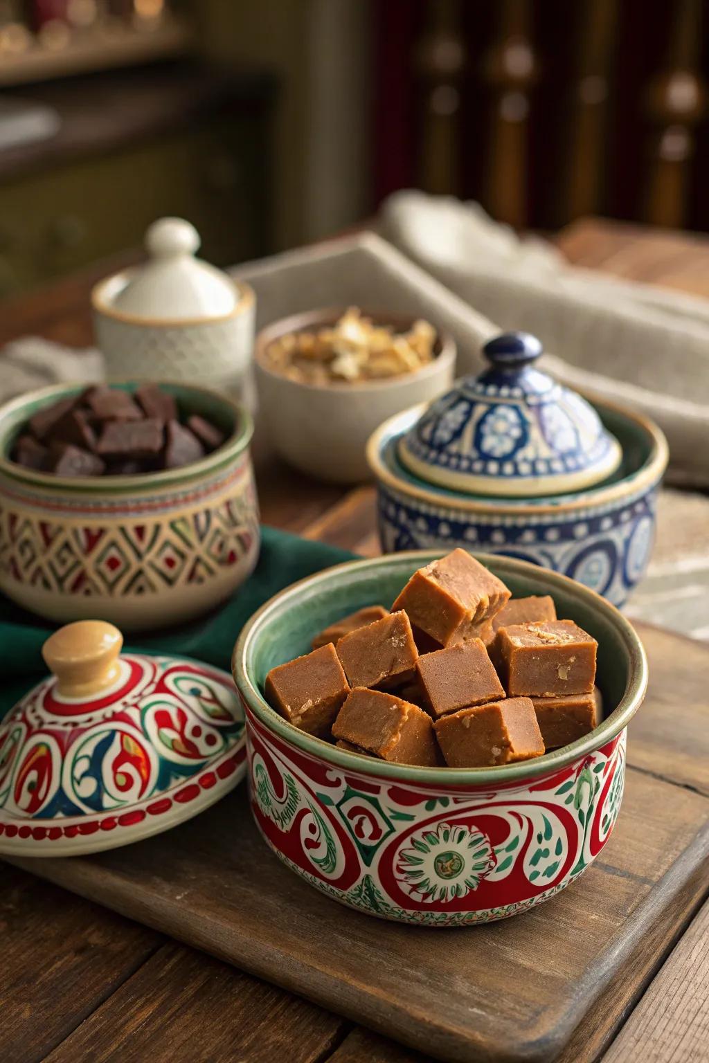Artistic sweet squares display in hand-painted ceramics.