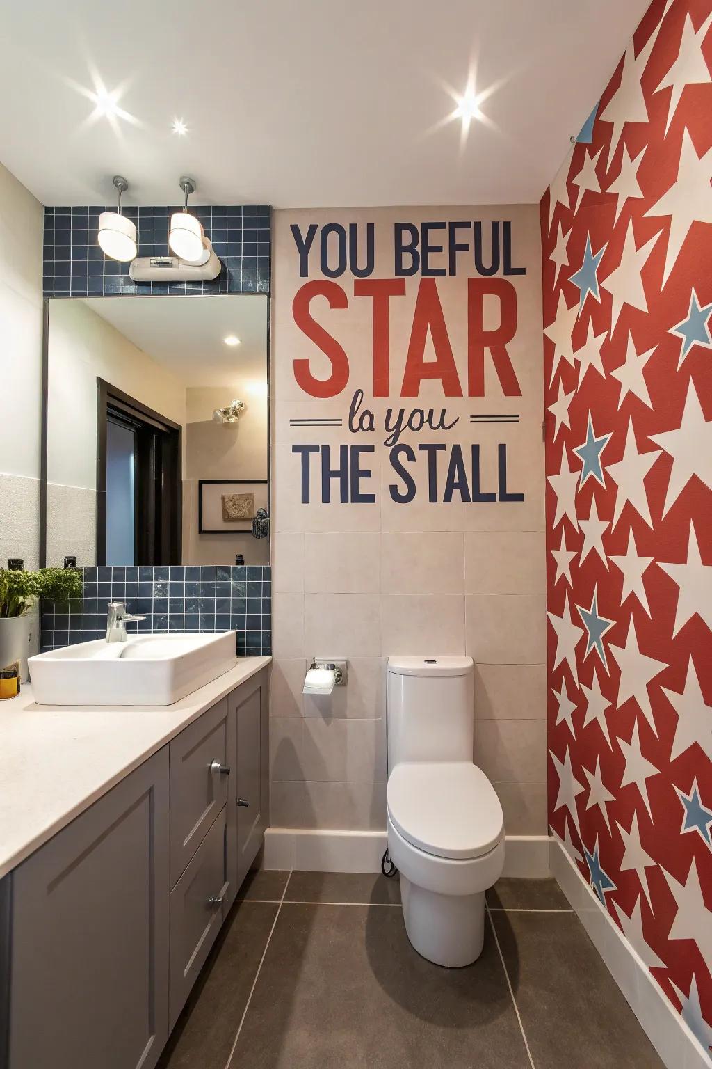 A bold emphasis wall adds character and interest to the bathroom.