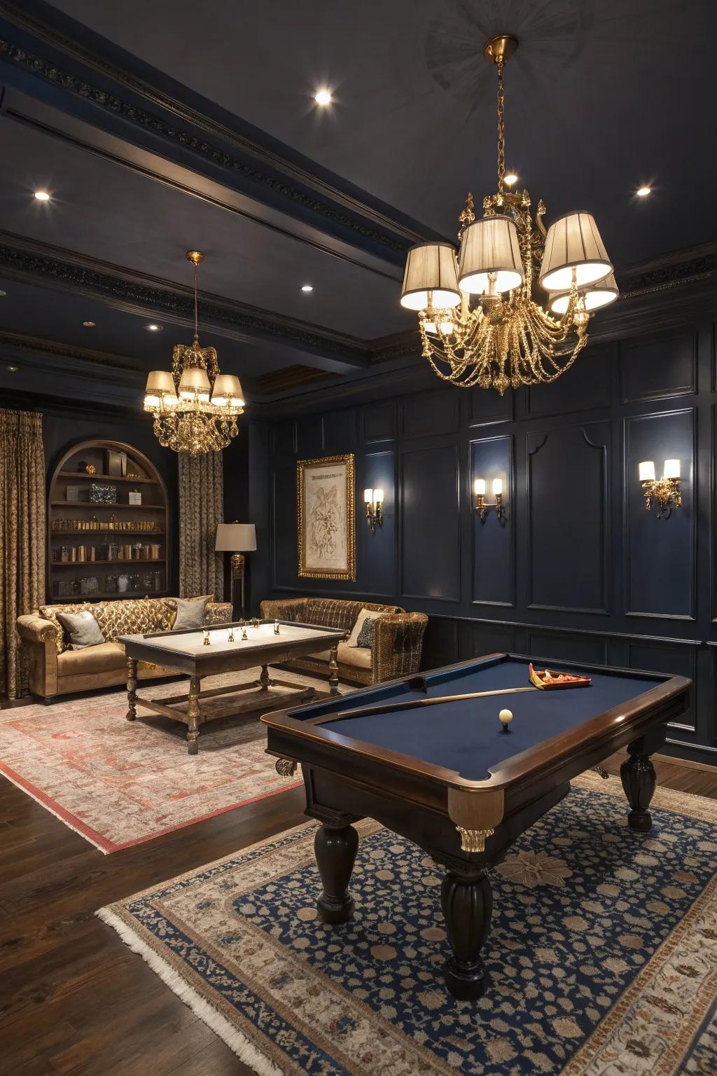 Dark, rich colors create an intimate and lavish game room atmosphere.