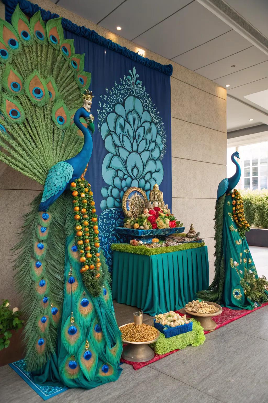 A peacock-styled decor with azure and verdant hues, creating a unified and stunning setup.