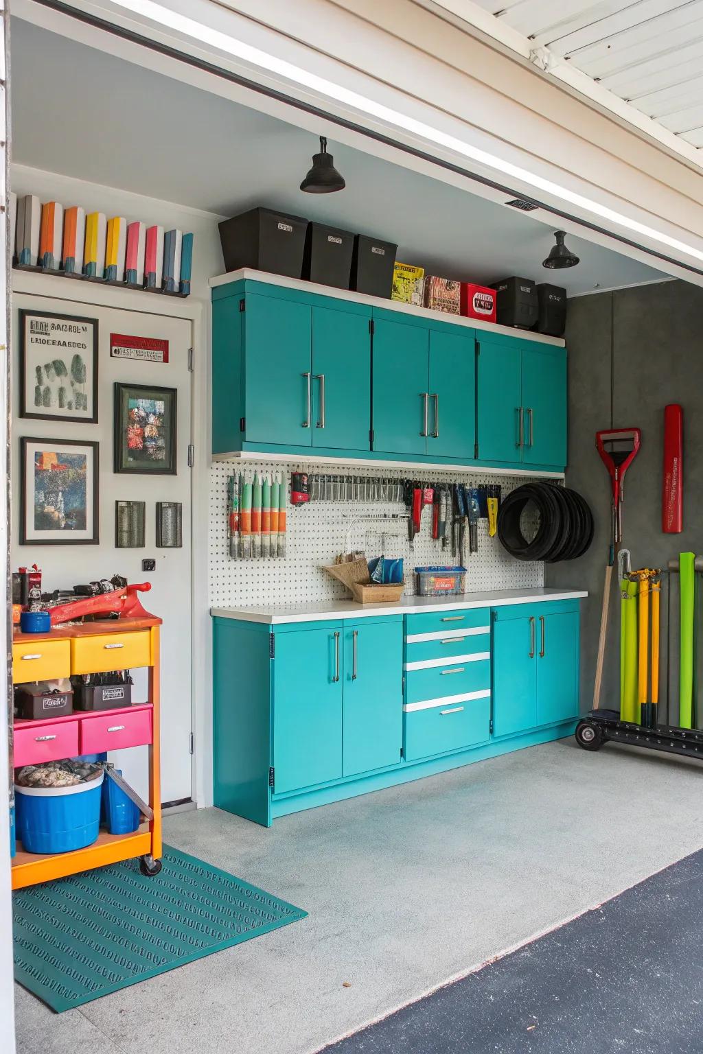 Turquoise cabinets add a creative and playful touch.