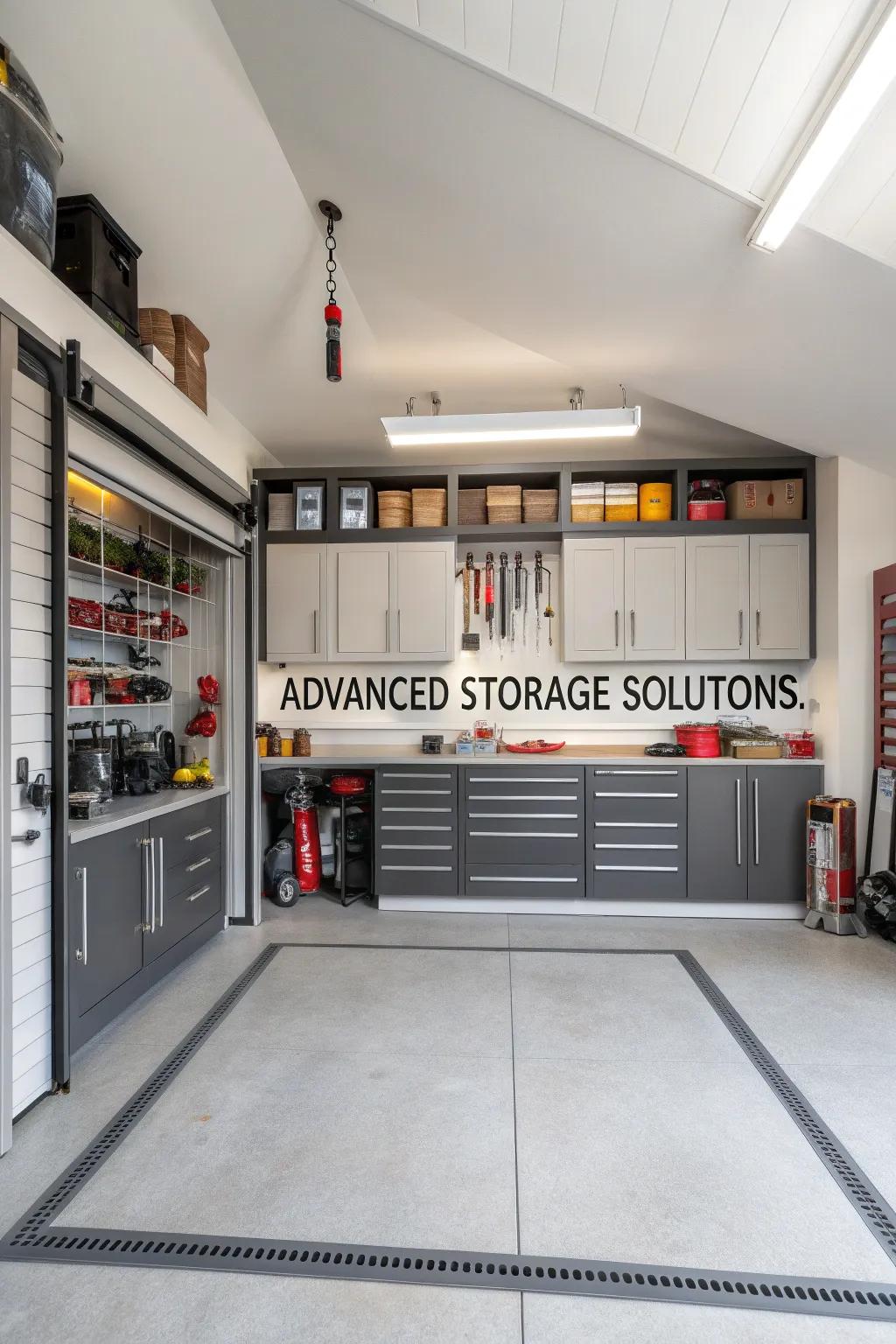 A garage transformed by smart storage solutions for ultimate organization.