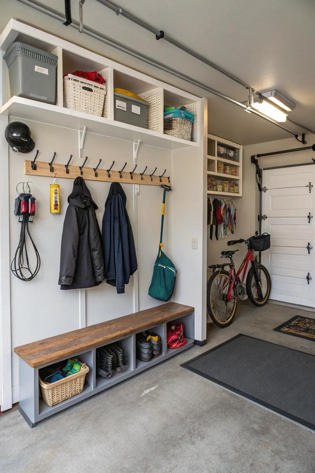 A mini mudroom provides practical storage and organization.
