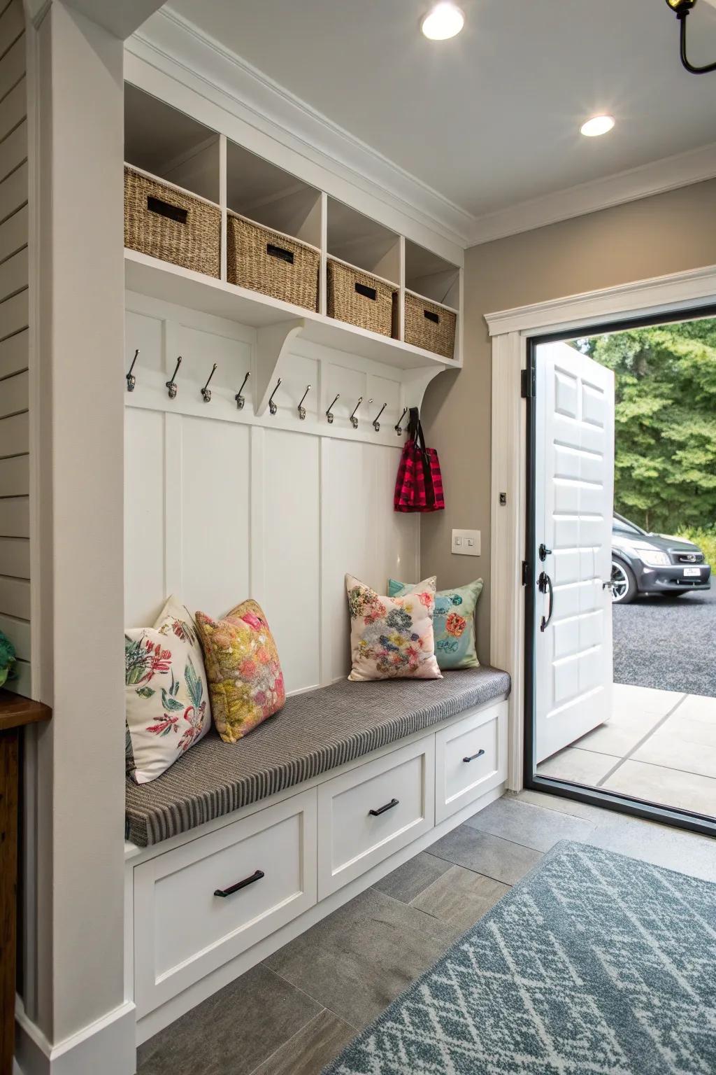 Relaxing seating makes the mudroom a cozy spot to start and end your day.