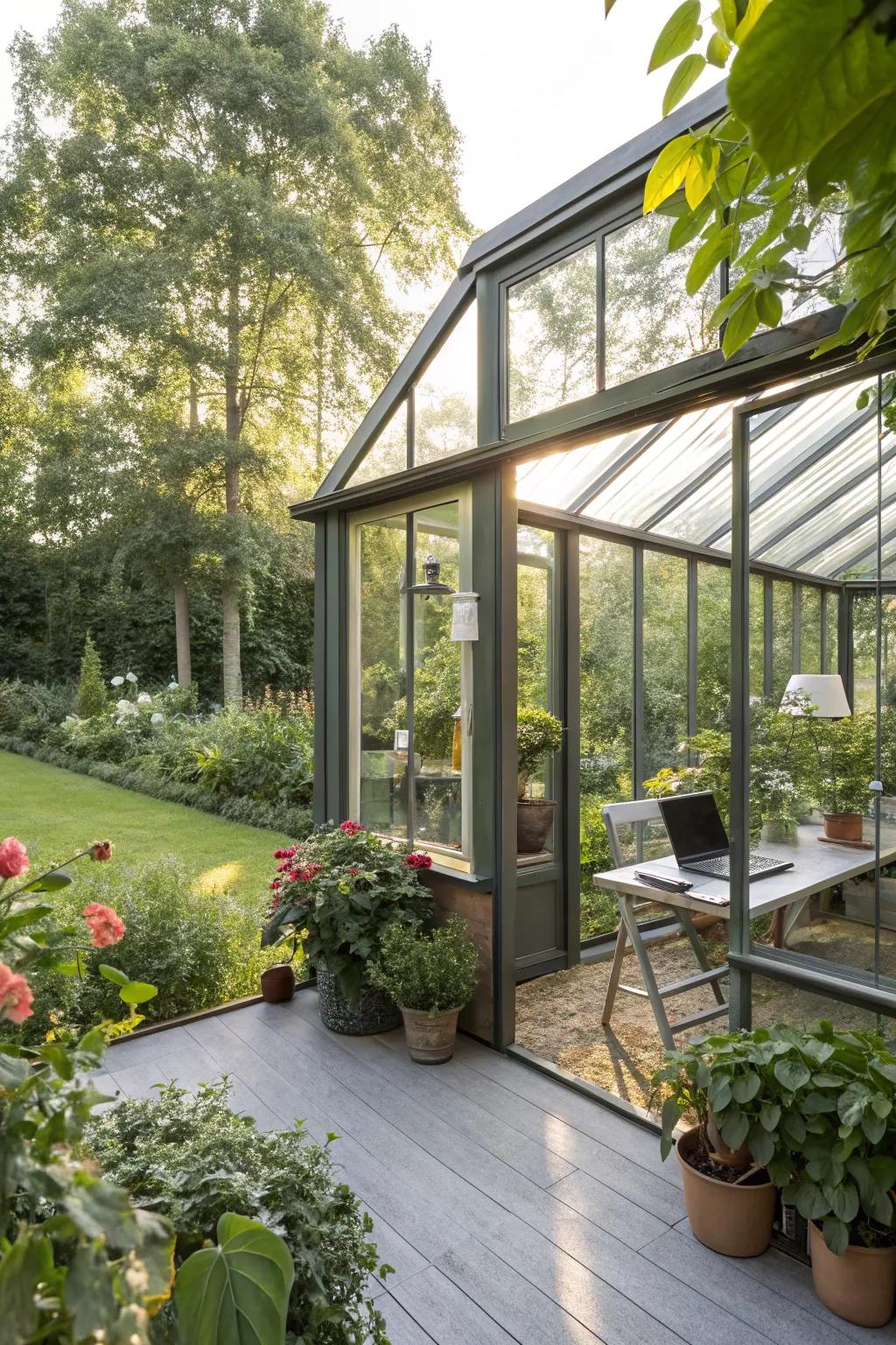 A nursery-style garden office, combining work with a love for plants.