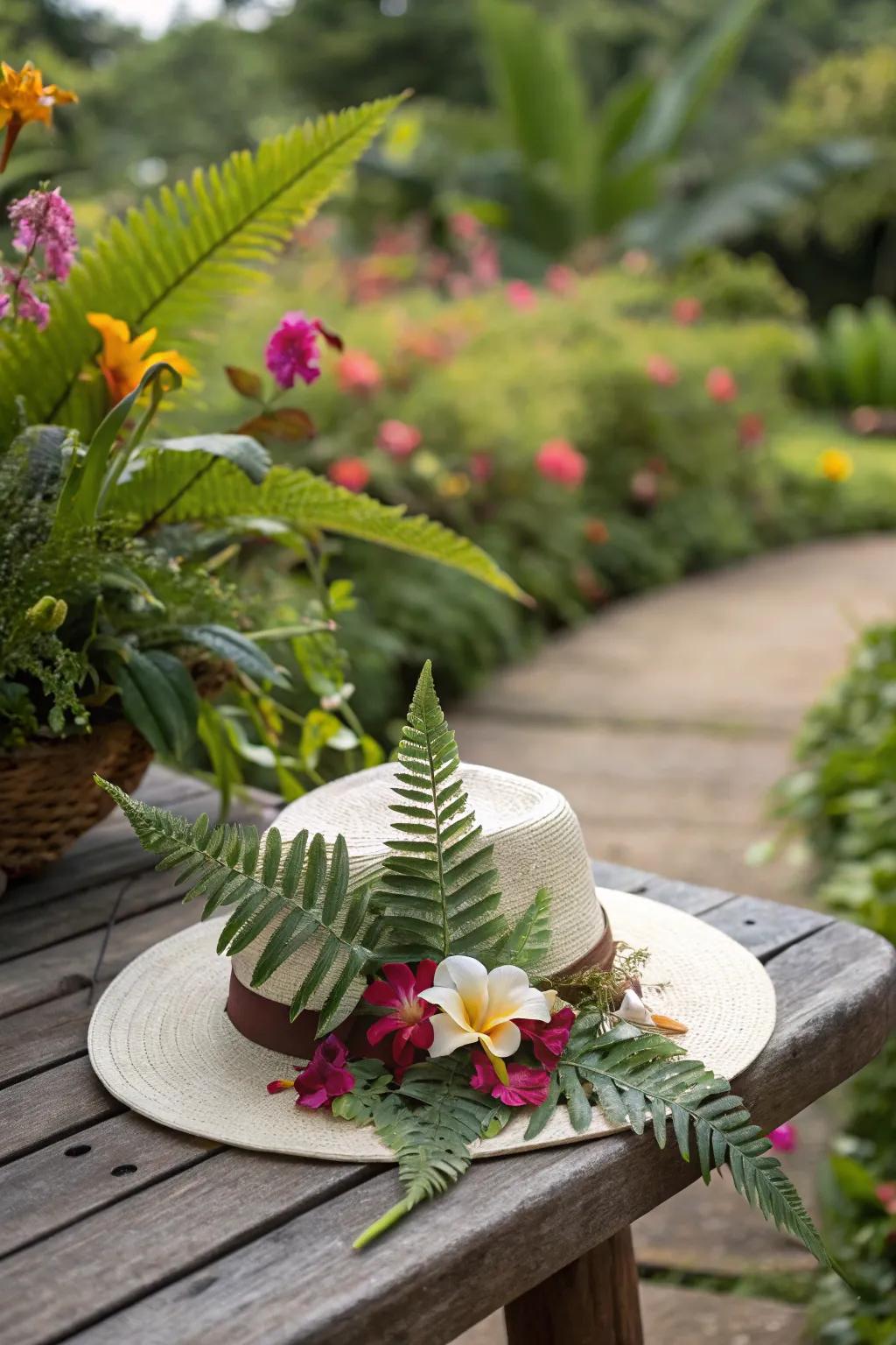 Rainforest retreat hat with lush tropical elements.