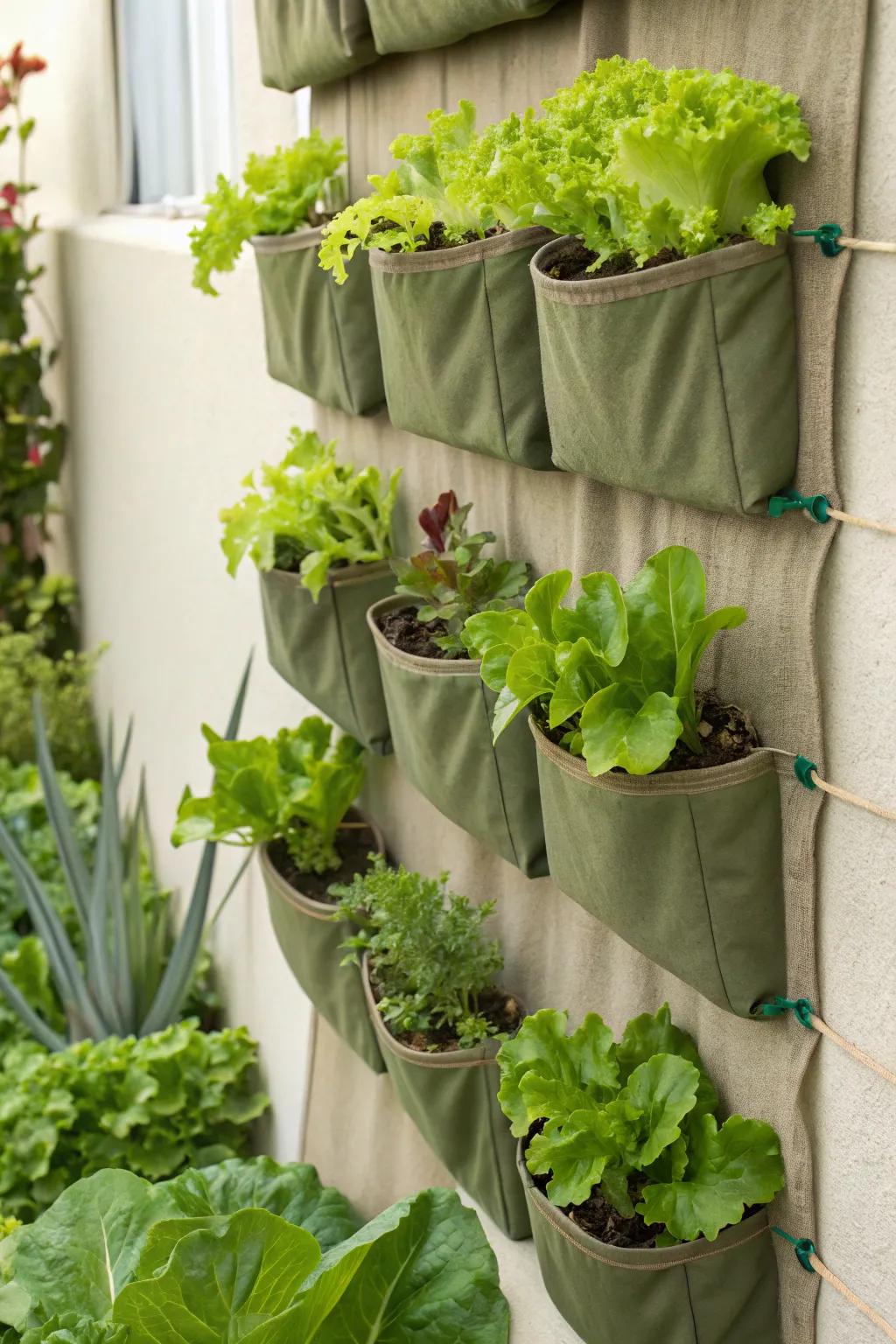 A pocket garden filled with fresh lettuce in fabric pockets.