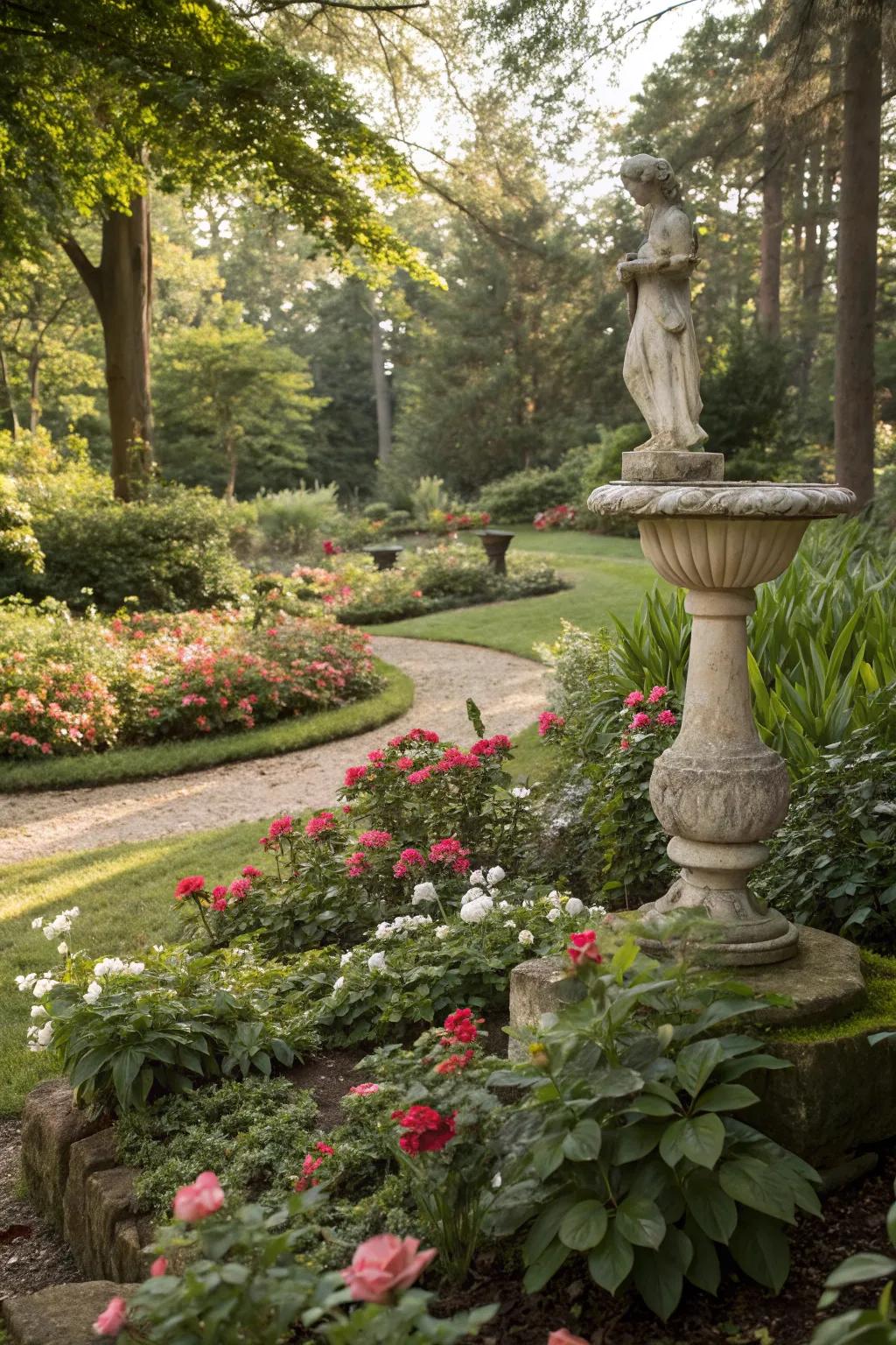 Garden art introduces a personal dimension and draws focal interest.