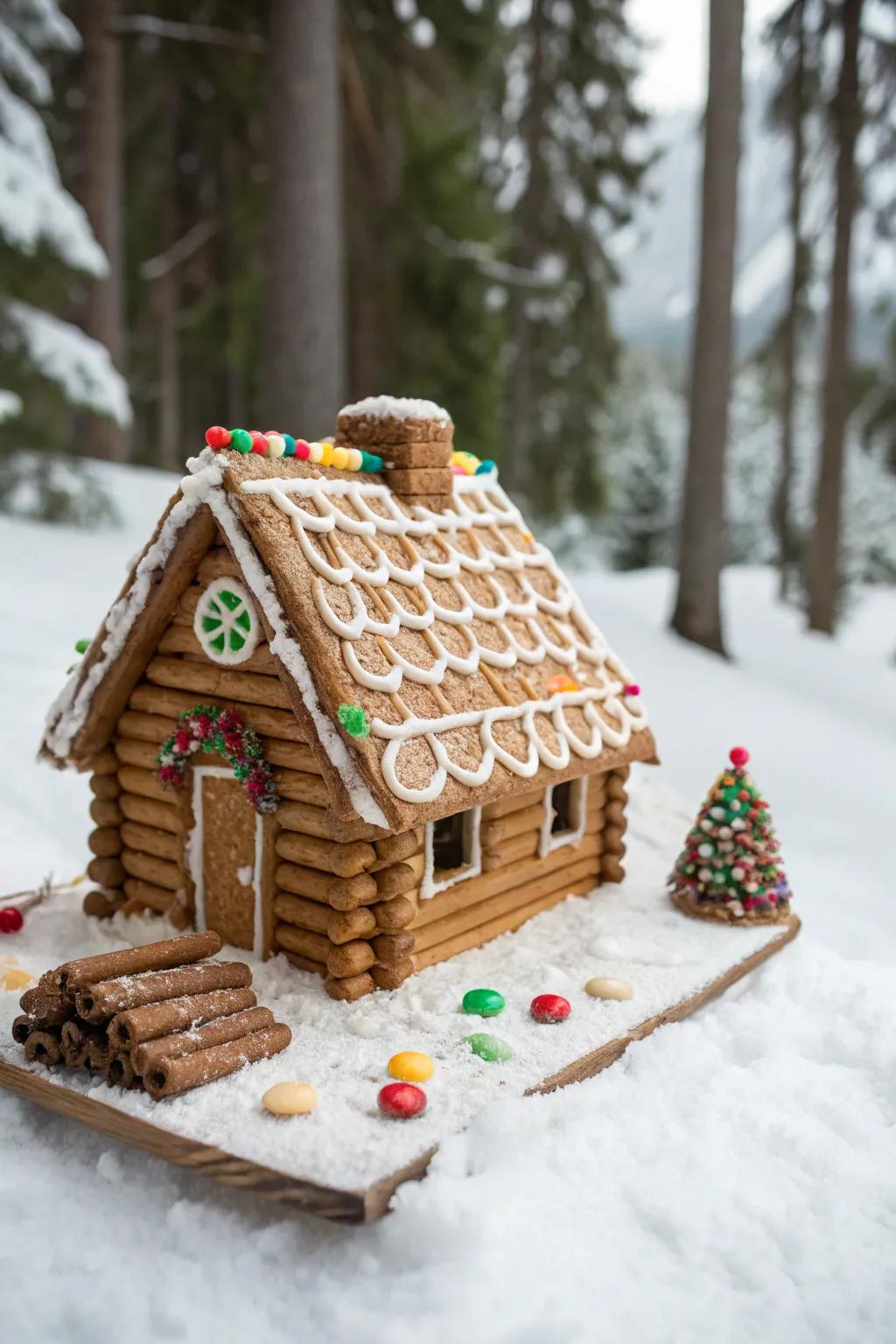 Twisted dough sticks fashion a homespun log cabin aesthetic for gingerbread roofs.
