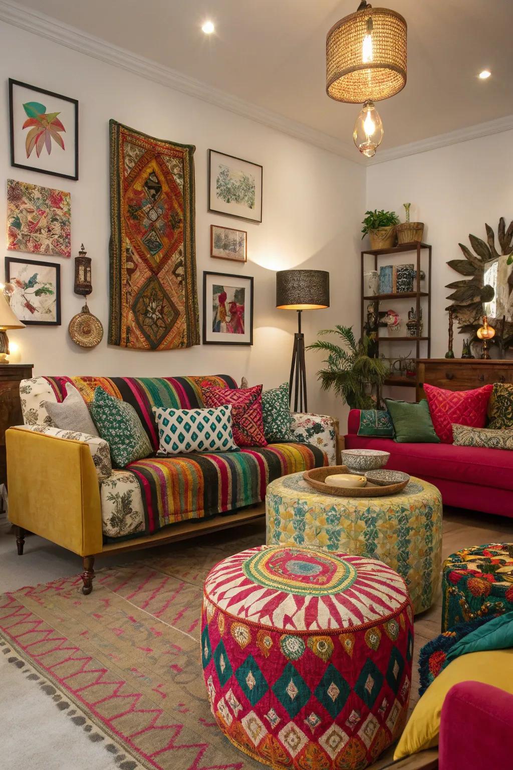 A vibrant living area with a varied mix of designs.