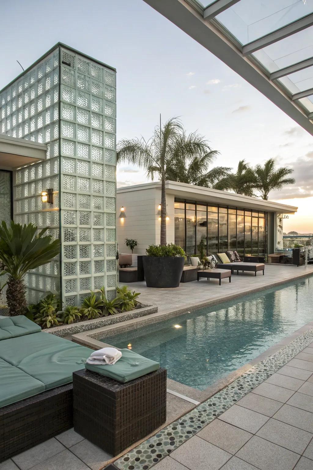 An outdoor pool area features glass block features, adding sleek and modern design parts.