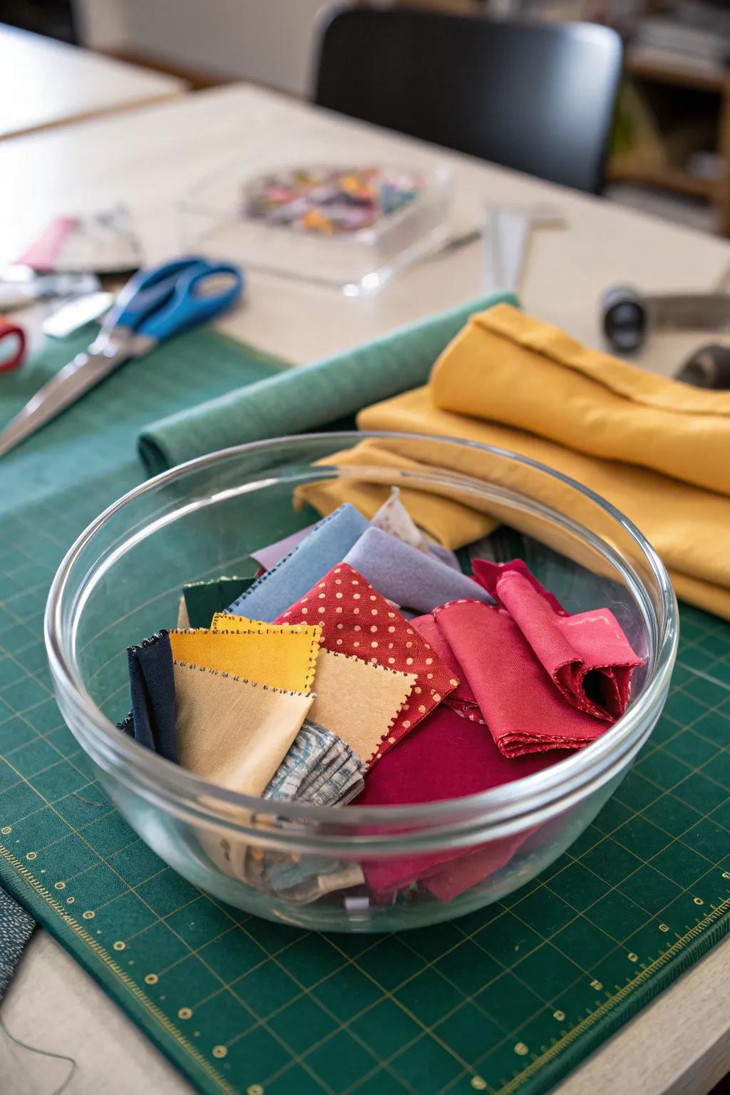 A tactile display of material and textures inside a glass bowl.