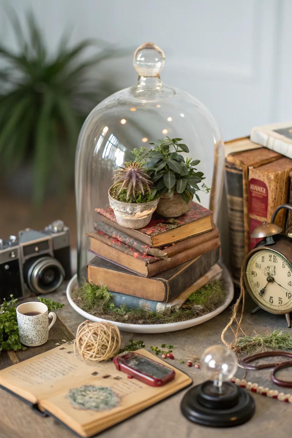 An eclectic mix of objects creates a unique display under a glass cloche.