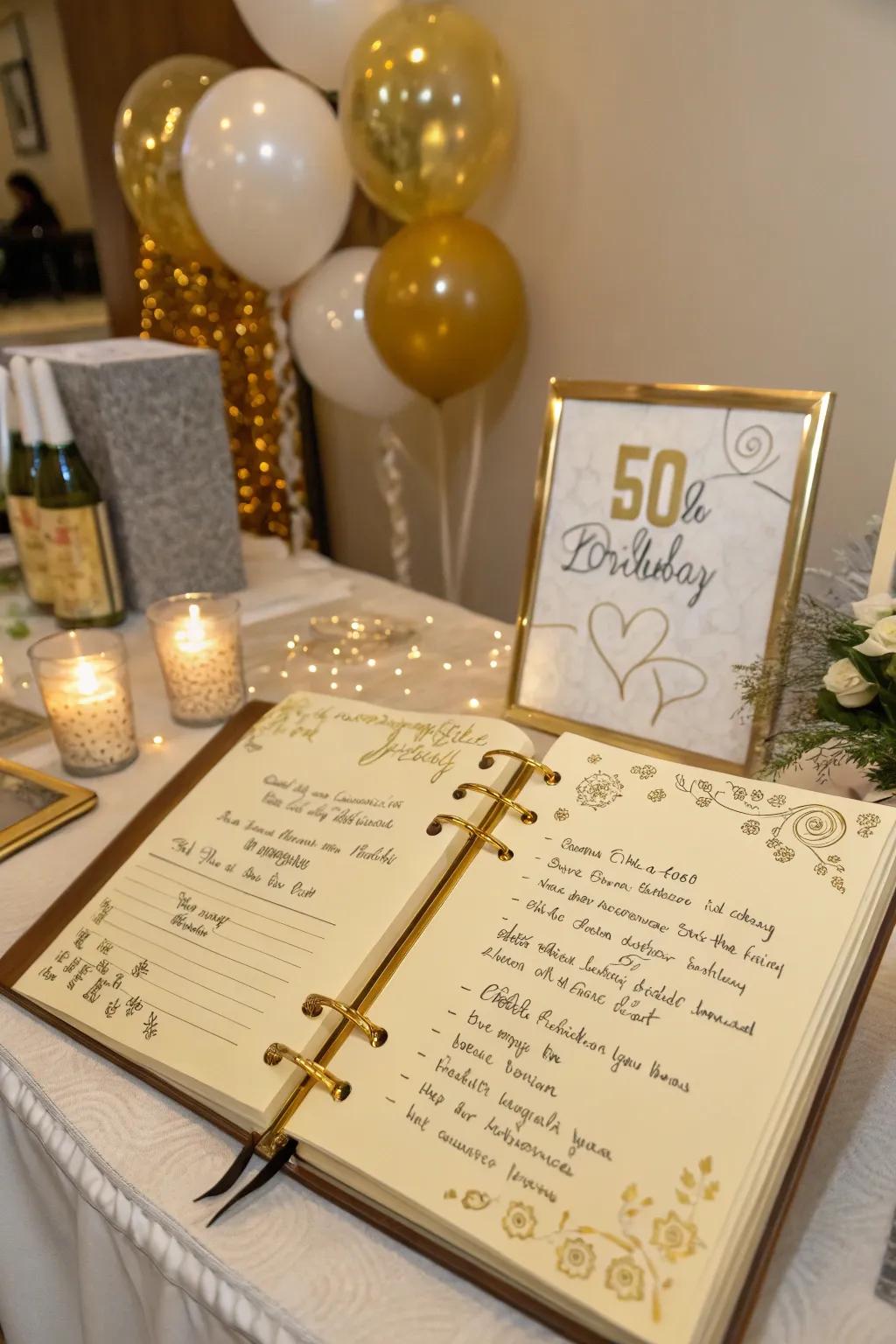 A guest book captures heartfelt messages from loved ones.