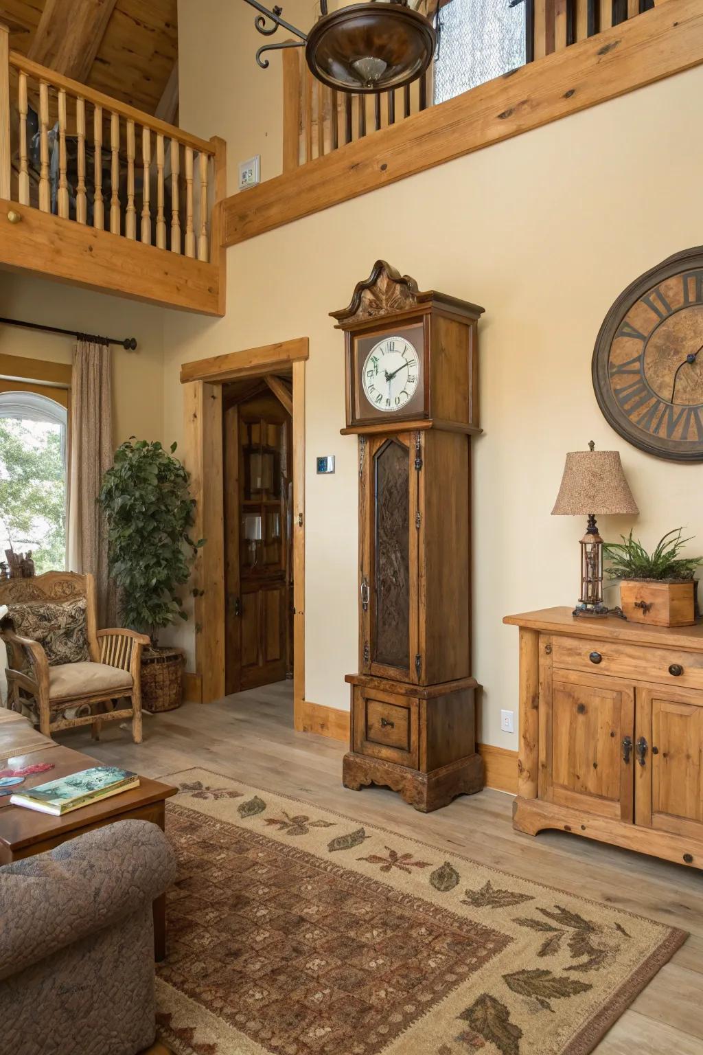 A pendulum timepiece matches the rustic charm of a cozy getaway.