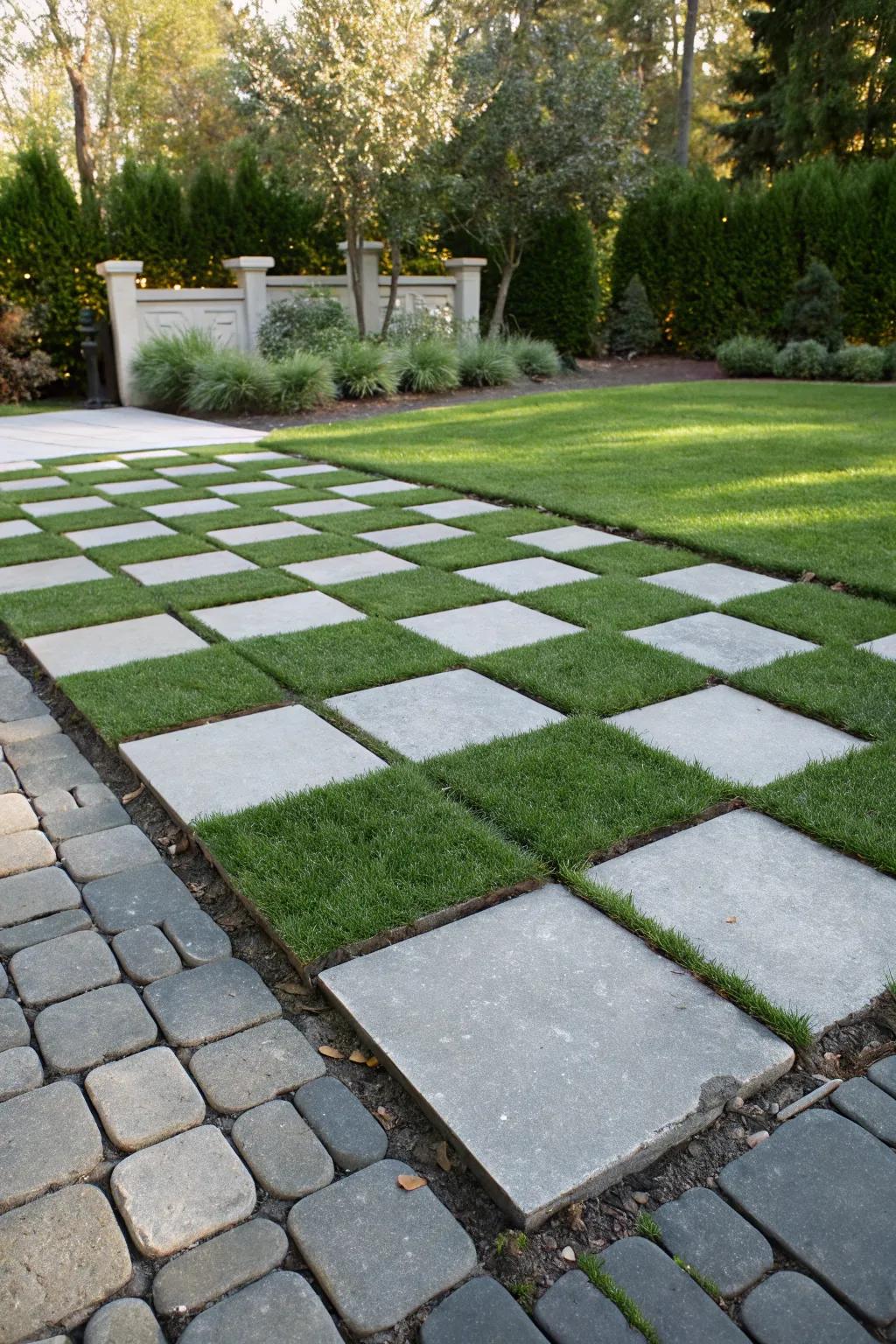 A playful checkerboard effect with turf and rock.