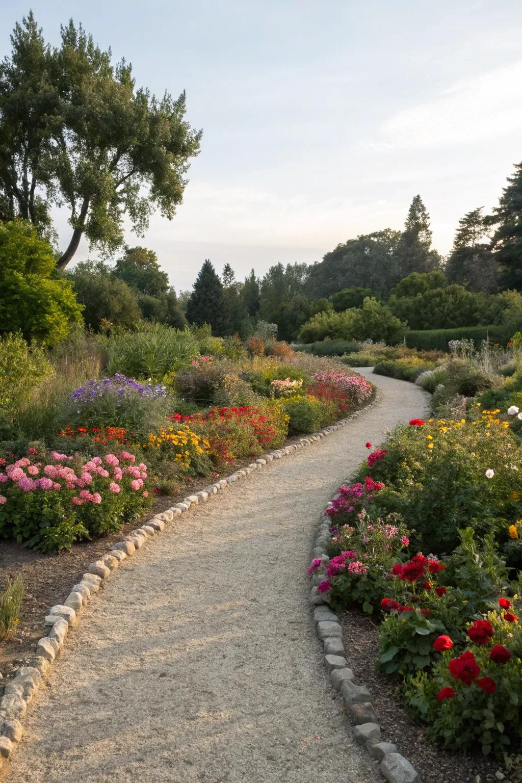 Organic paths through a stone flower bed