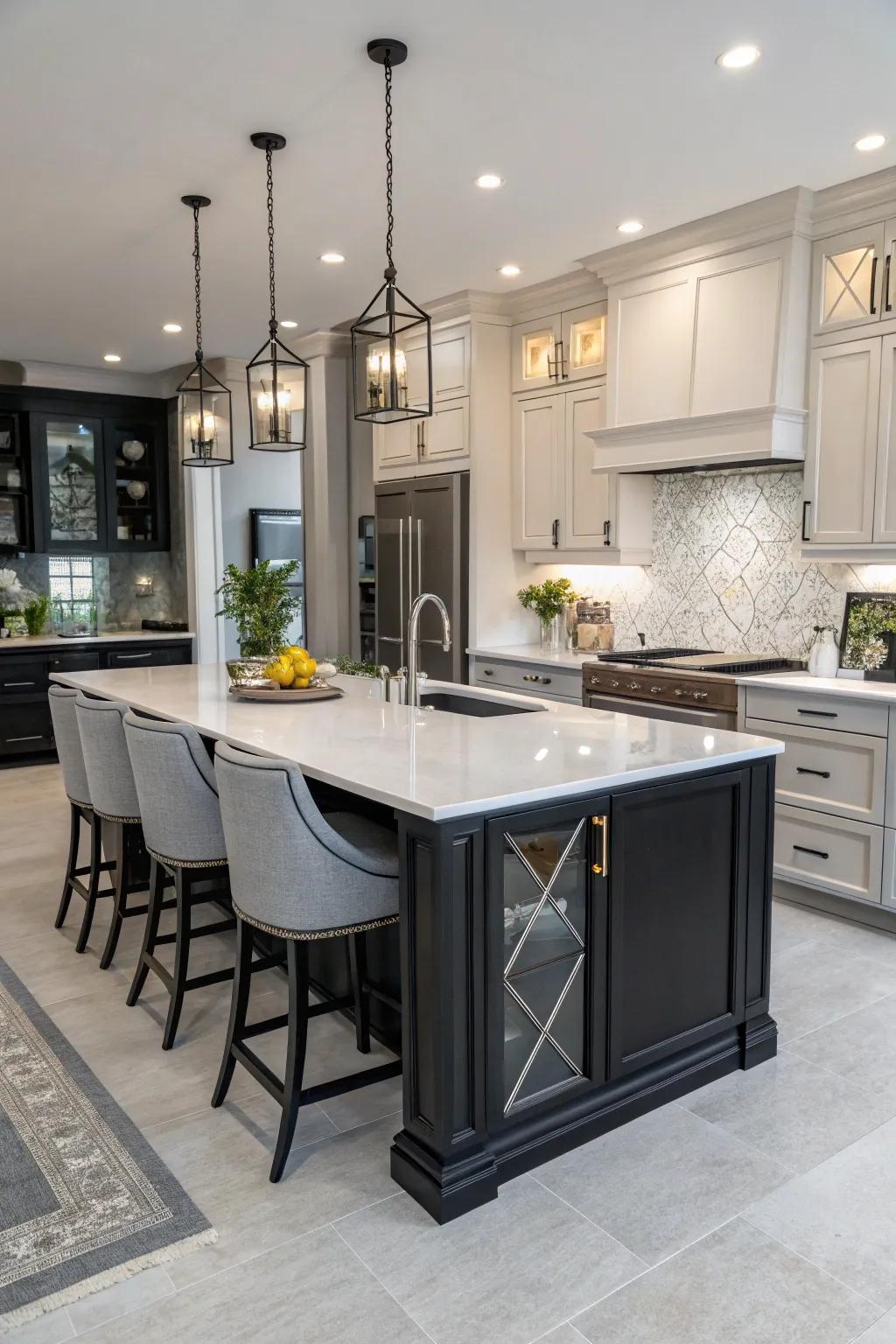 The kitchen center island serves as a stylish centerpiece.