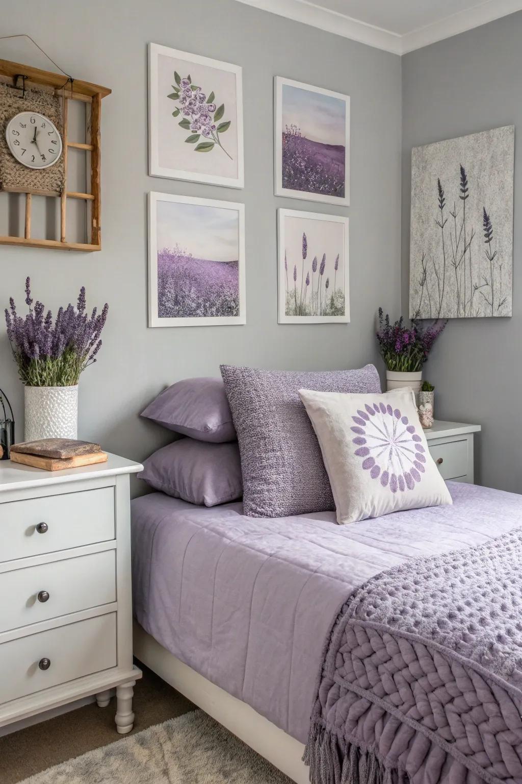 A serene gray bedroom showcasing soothing lavender touches.