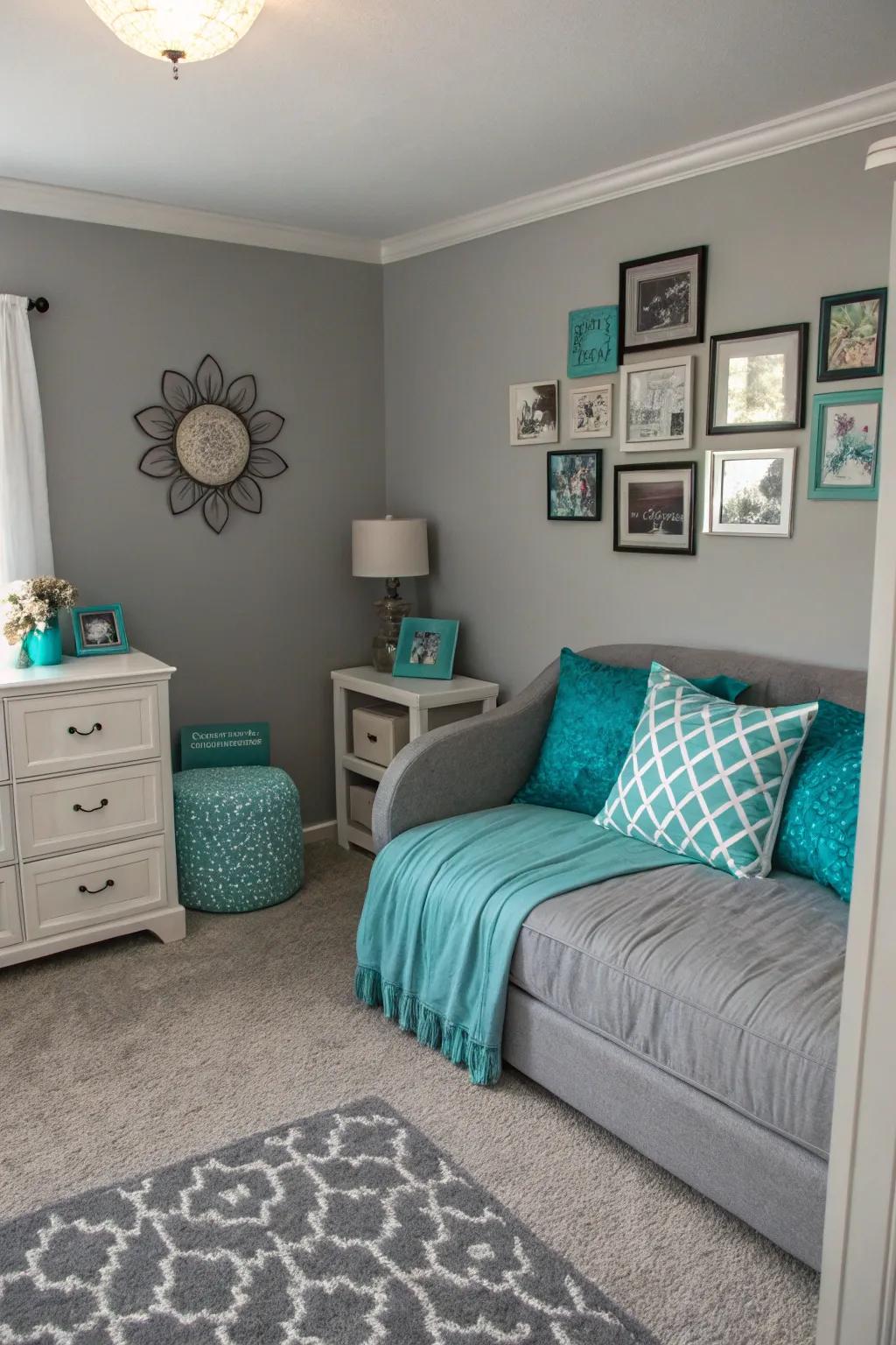 An unexpected color appends a spirited flourish to the gray palette.