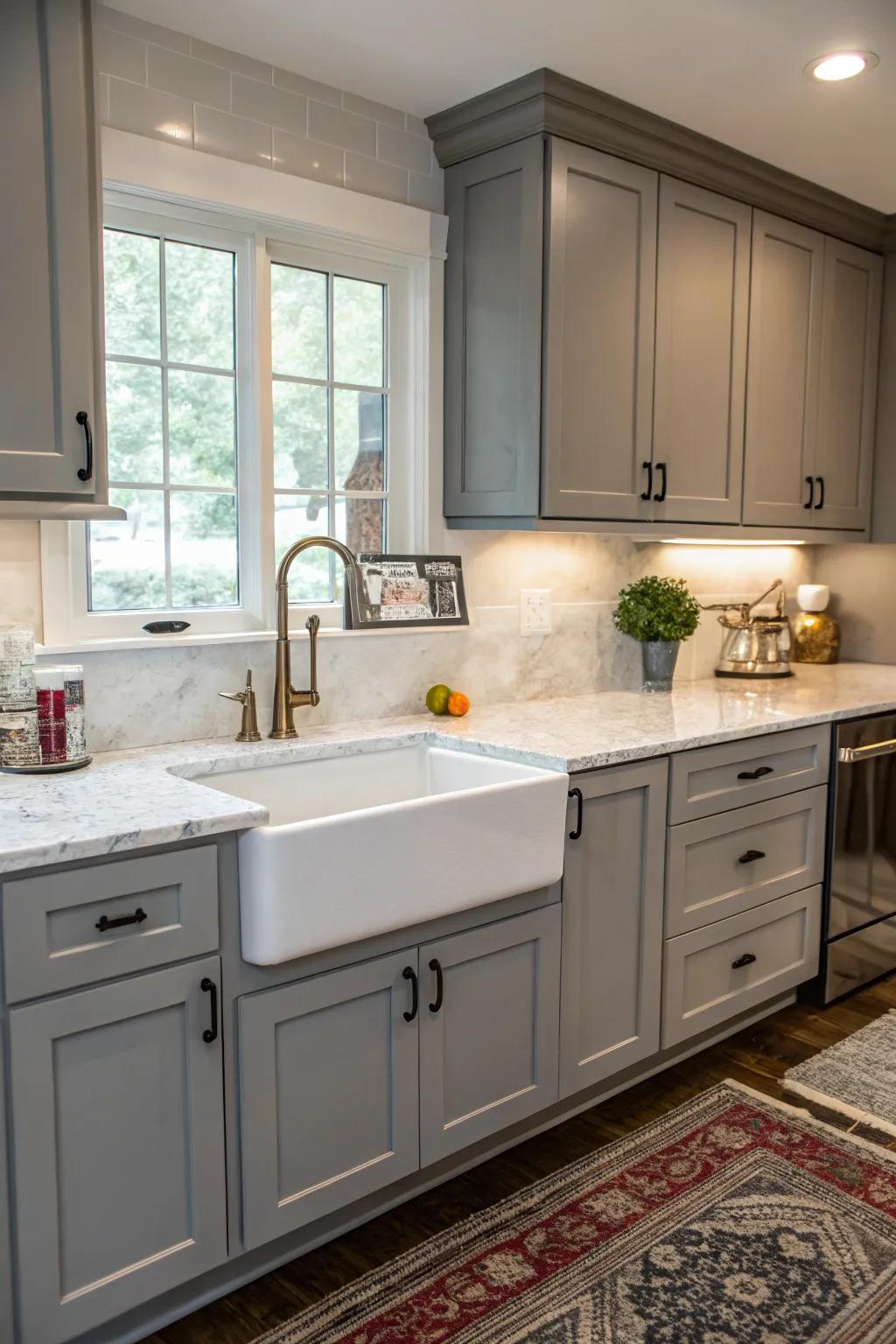 A cottage sink complements the rustic charm of gray cabinets.