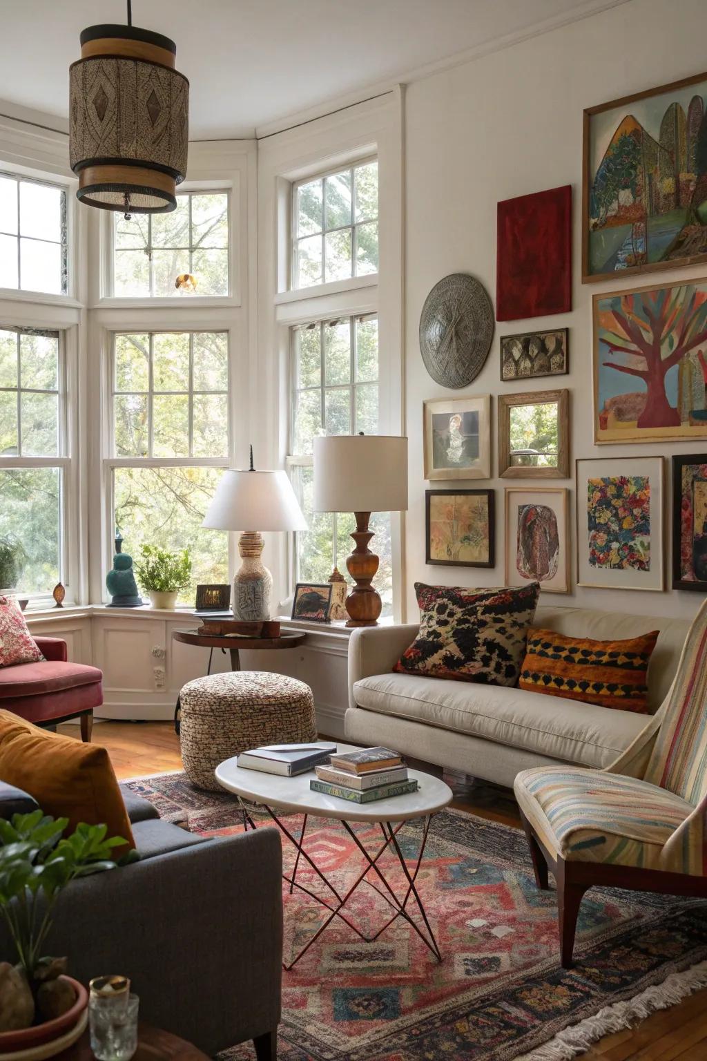 A mix of window shapes makes a visually interesting and artistic family room.