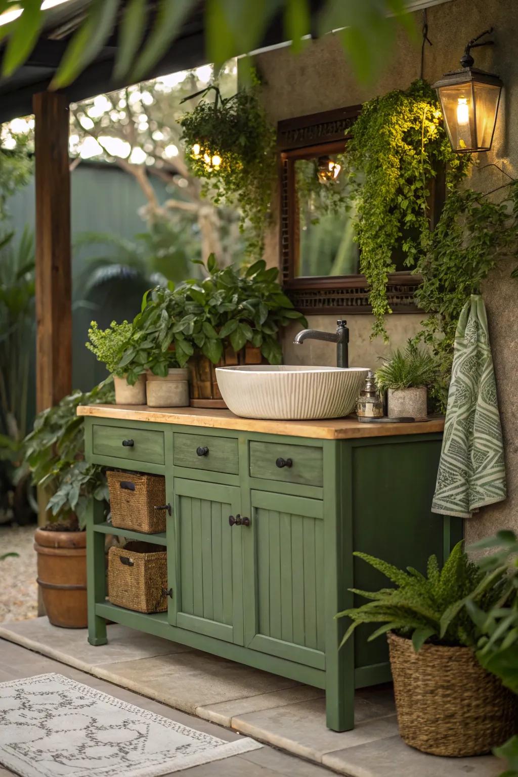 Green vanity with natural elements creating a tranquil space.